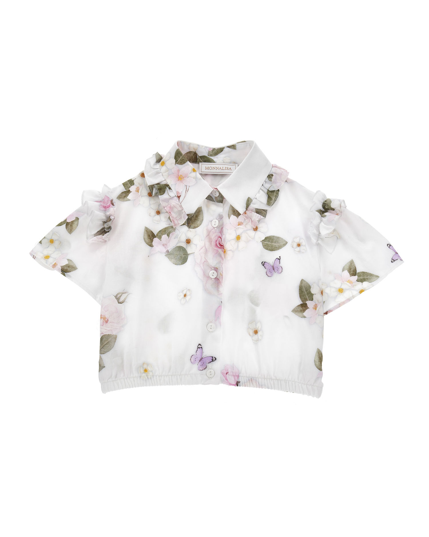 Blusa bianca cropped in mussola di cotone a fantasia floreale e maniche corte