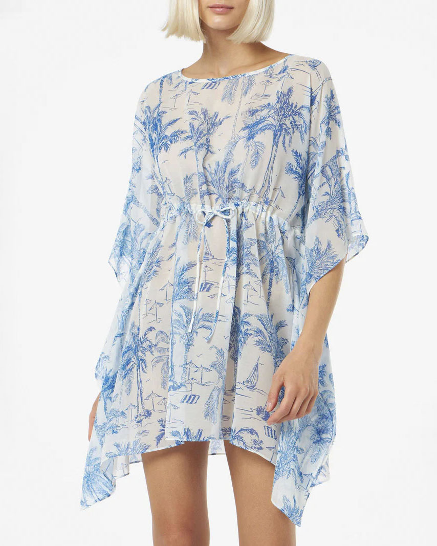 Caftano bianco a fantasia MC2 Saint Barth blu in cotone e seta con coulisse in vita