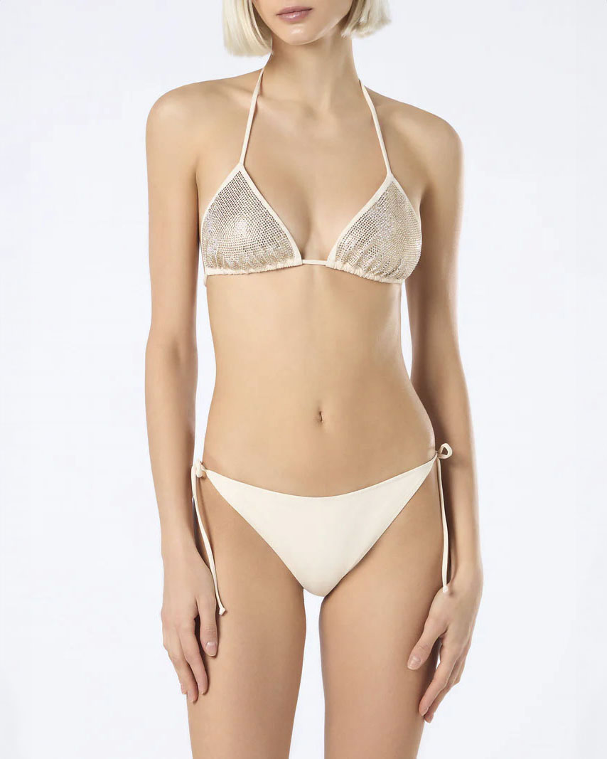 Bikini color crema con strass argento ricamati sul reggiseno a triangolo