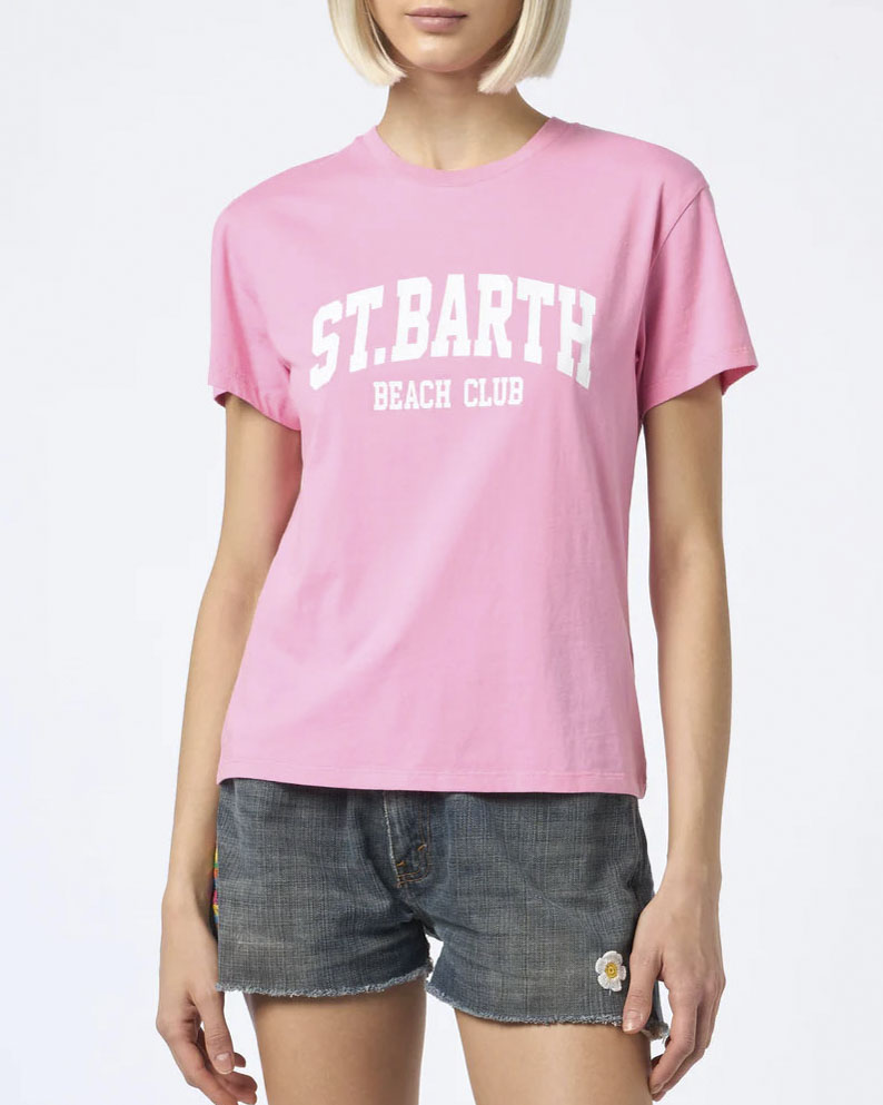 T-shirt rosa in cotone con scritta St.Barth beach club stampata