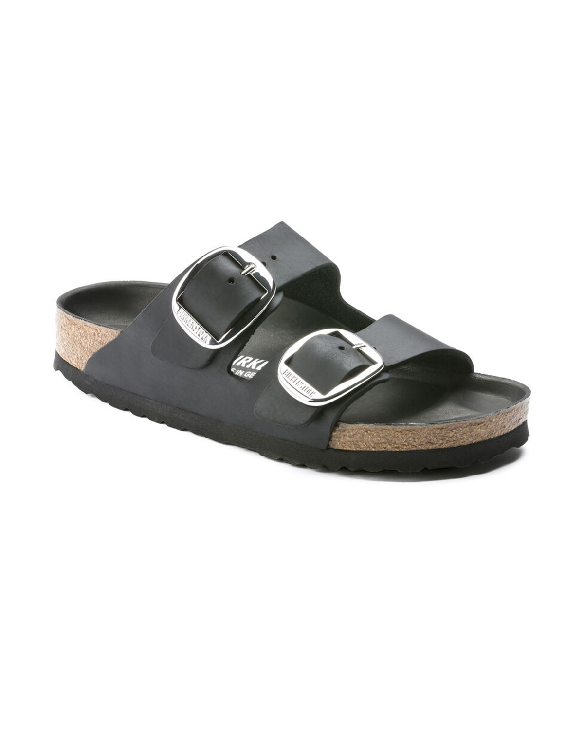 Sandalo Arizona Big buckle nero in pelle oliata a doppia fascetta con fibbia argento