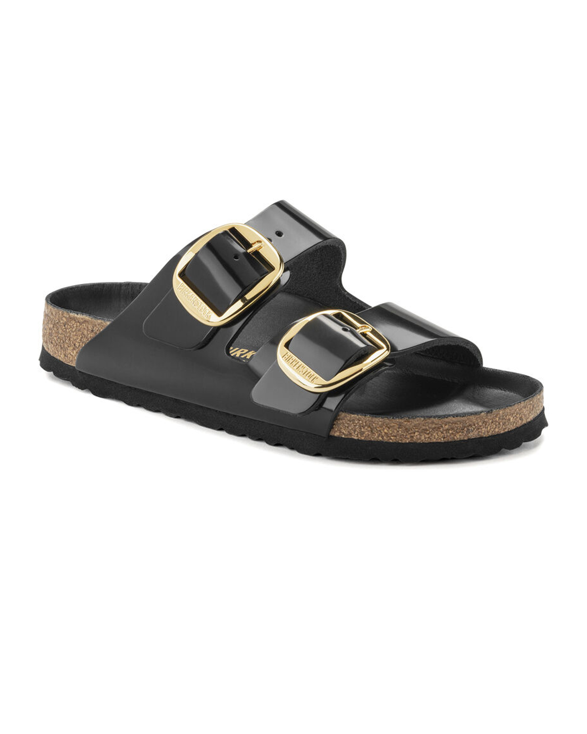 Sandalo Arizona Big buckle Birkenstock nero in pelle effetto lucido a doppia fascetta con fibbia oro