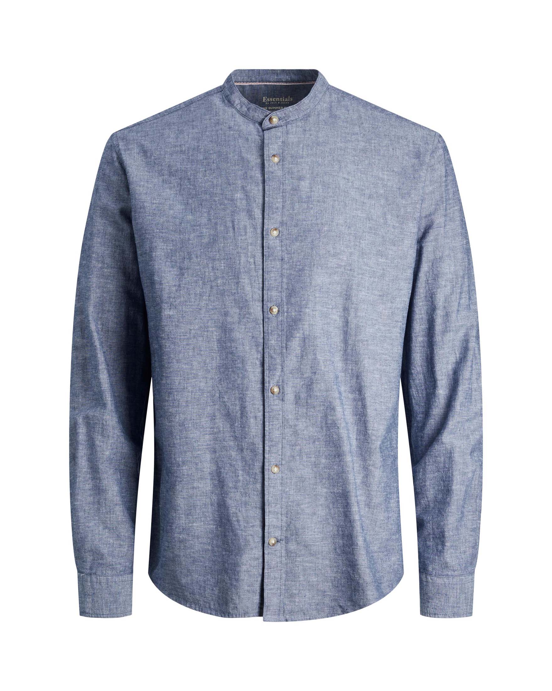 Camicia blu denim in cotone e lino comfort-fit con colletto alla coreana