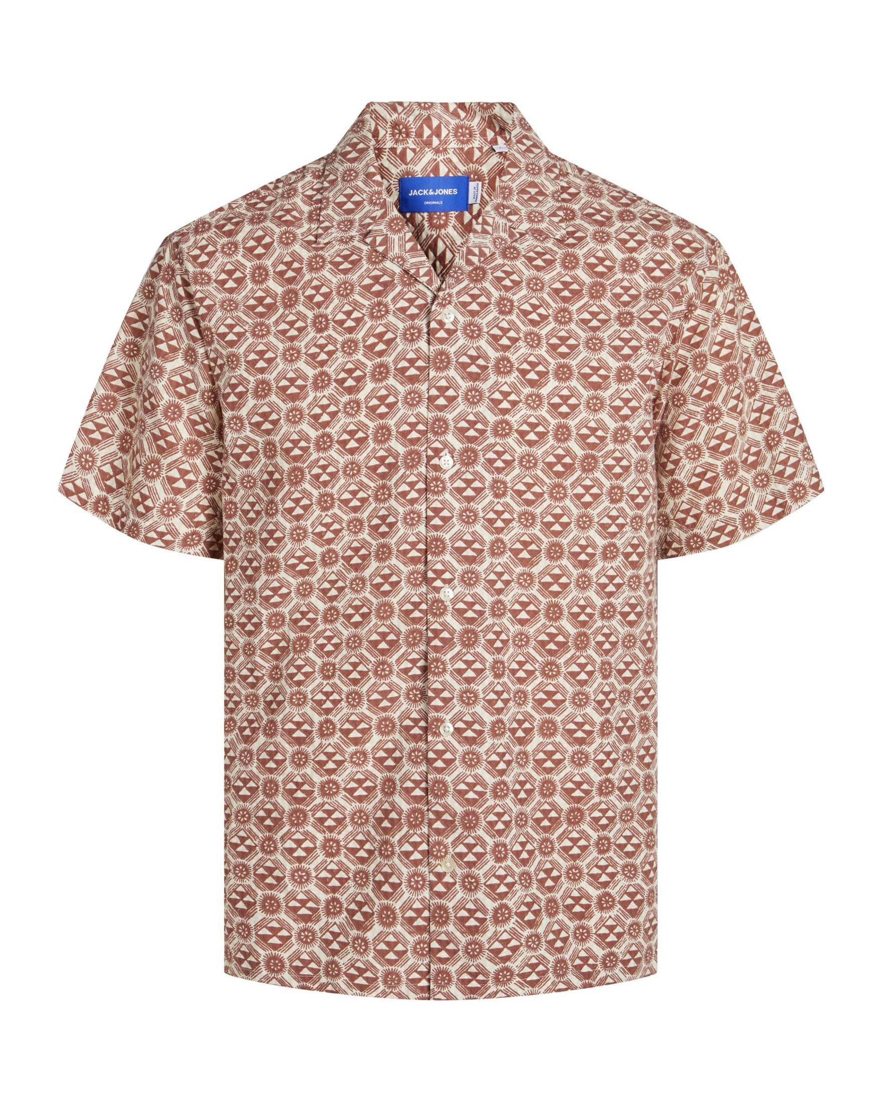 Camicia mezza manica in misto cotone a fantasia geometrica panna e mattone