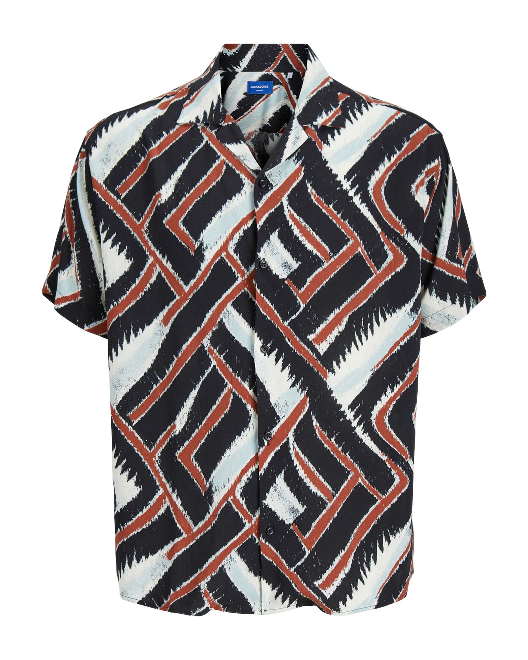 Camicia a mezze maniche relaxed-fit in viscosa a fantasia astratta bianca nera e mattone