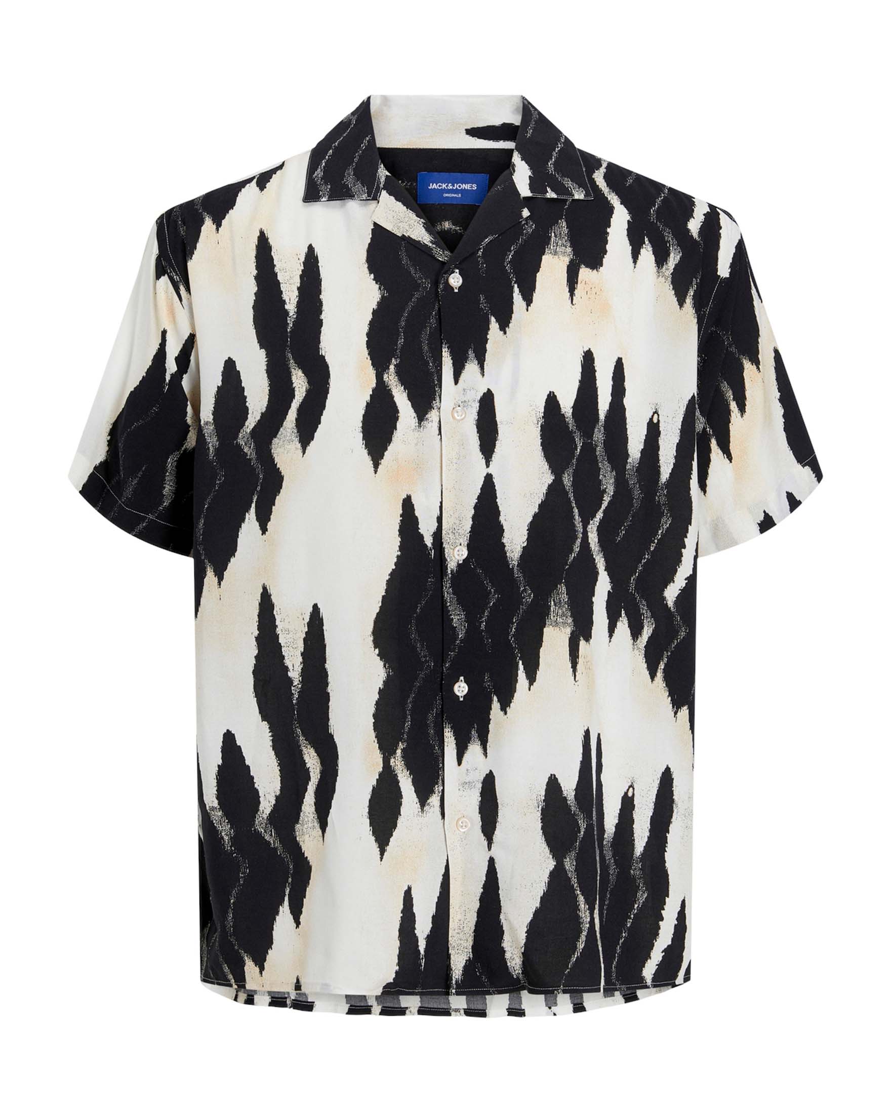 Camicia a mezze maniche relaxed-fit in viscosa a fantasia astratta bianca e nera