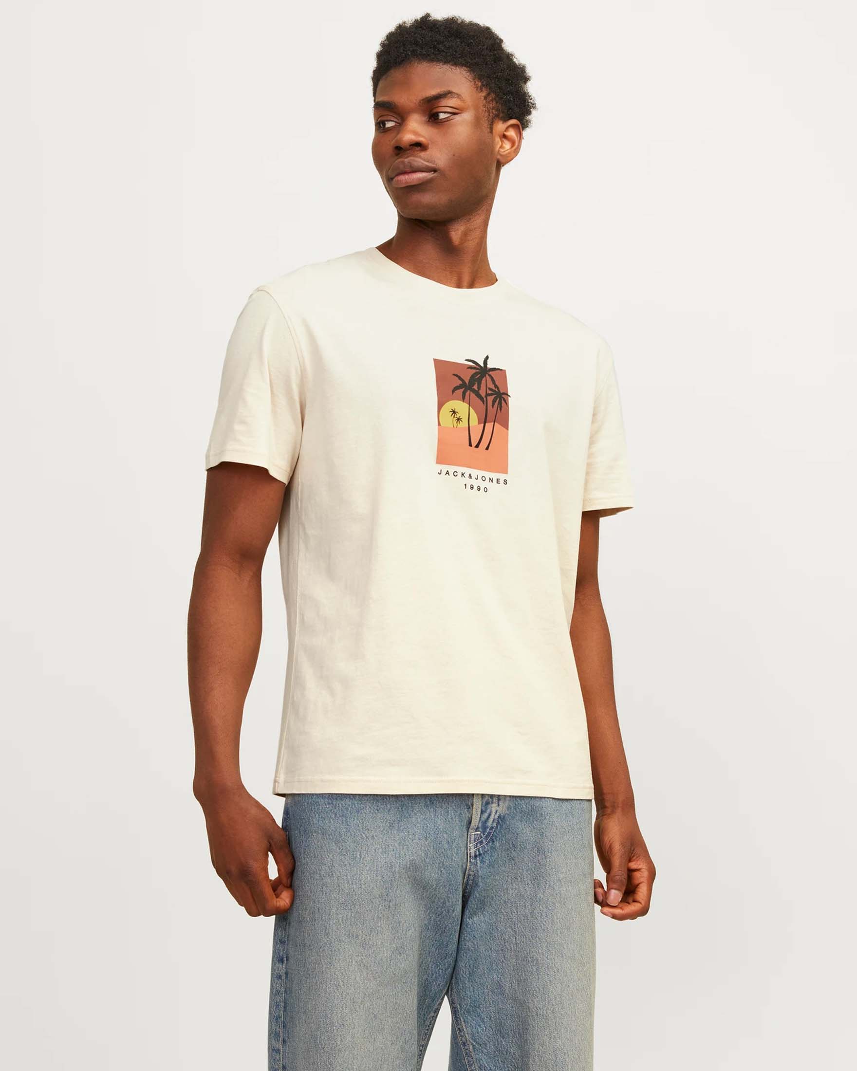 T-shirt panna mezza manica in puro cotone con stampa grafica palma davanti