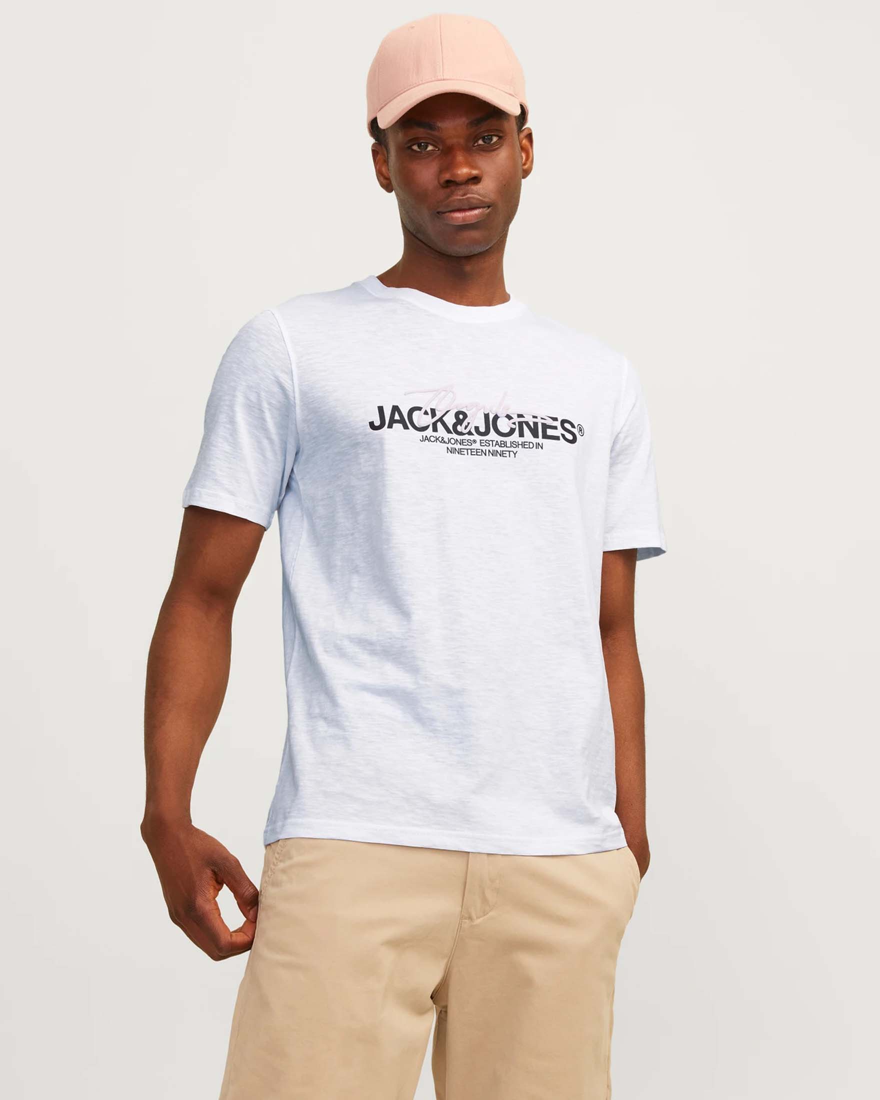 T-shirt bianca mezza manica in puro cotone fiammato con logo stampato davanti