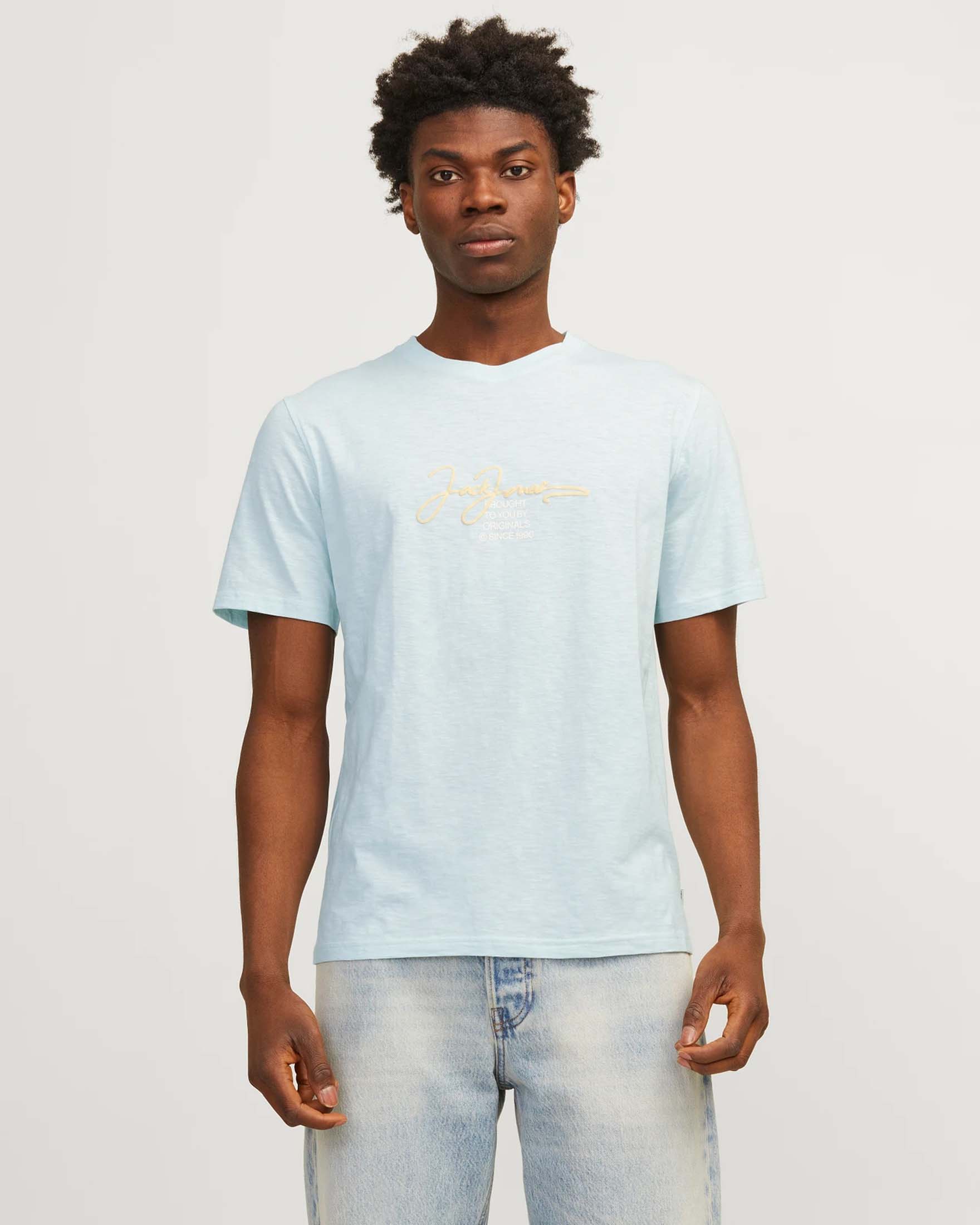 T shirt azzurra mezza manica in puro cotone fiammato con logo stampato davanti
