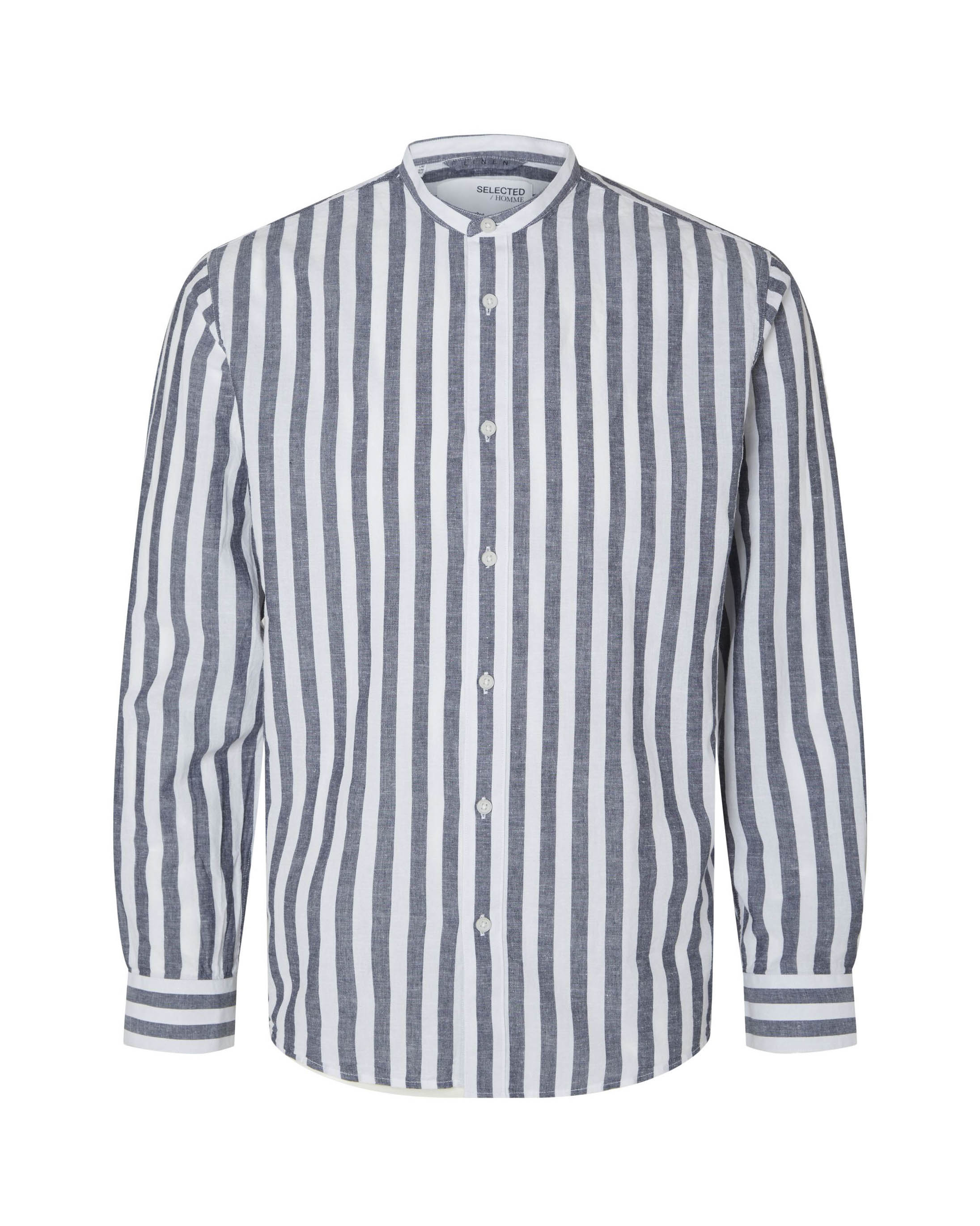 Camicia coreana a righe bianche e blu in misto cotone e lino