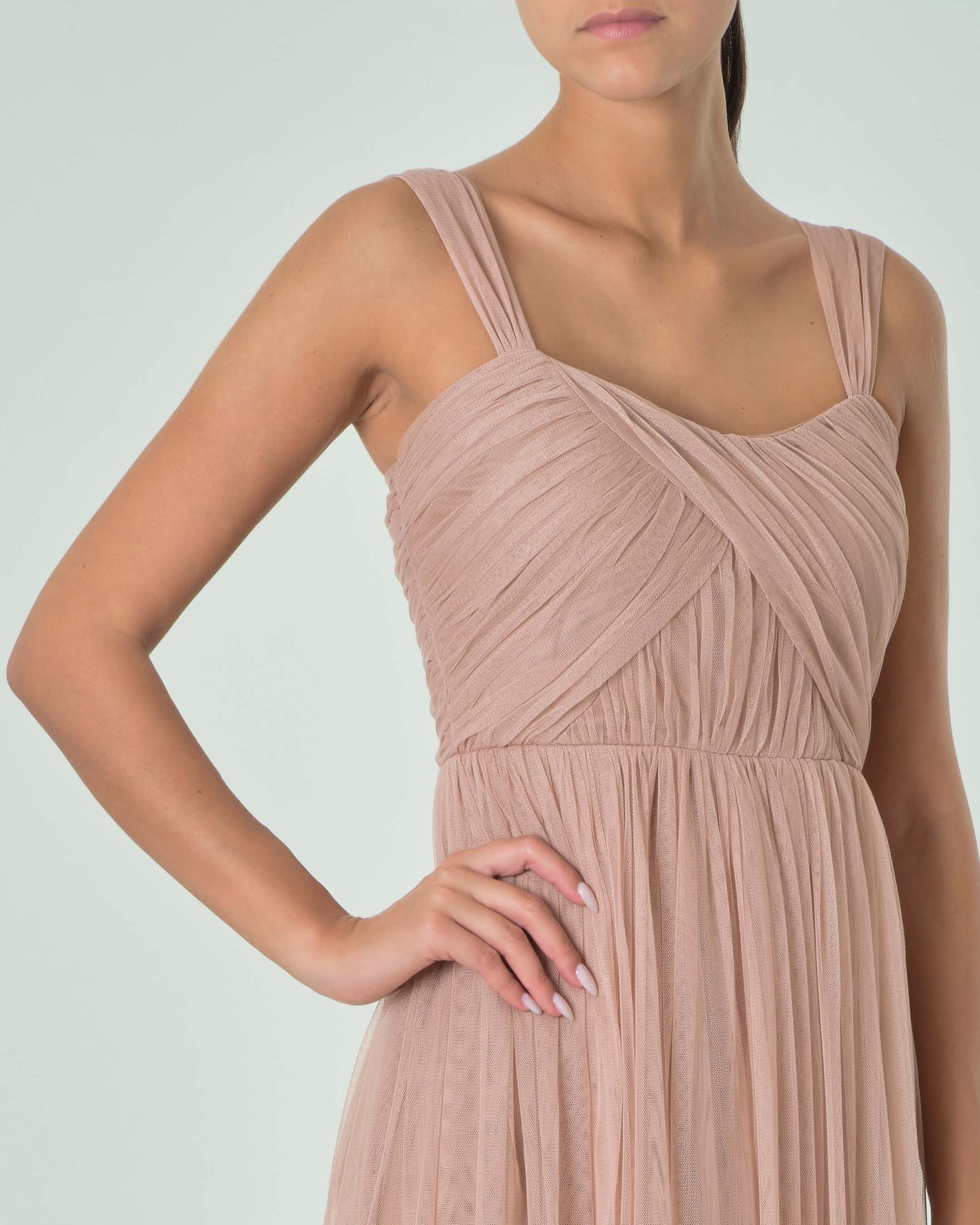 Abito lungo rosa antico in tulle senza maniche e corpetto con