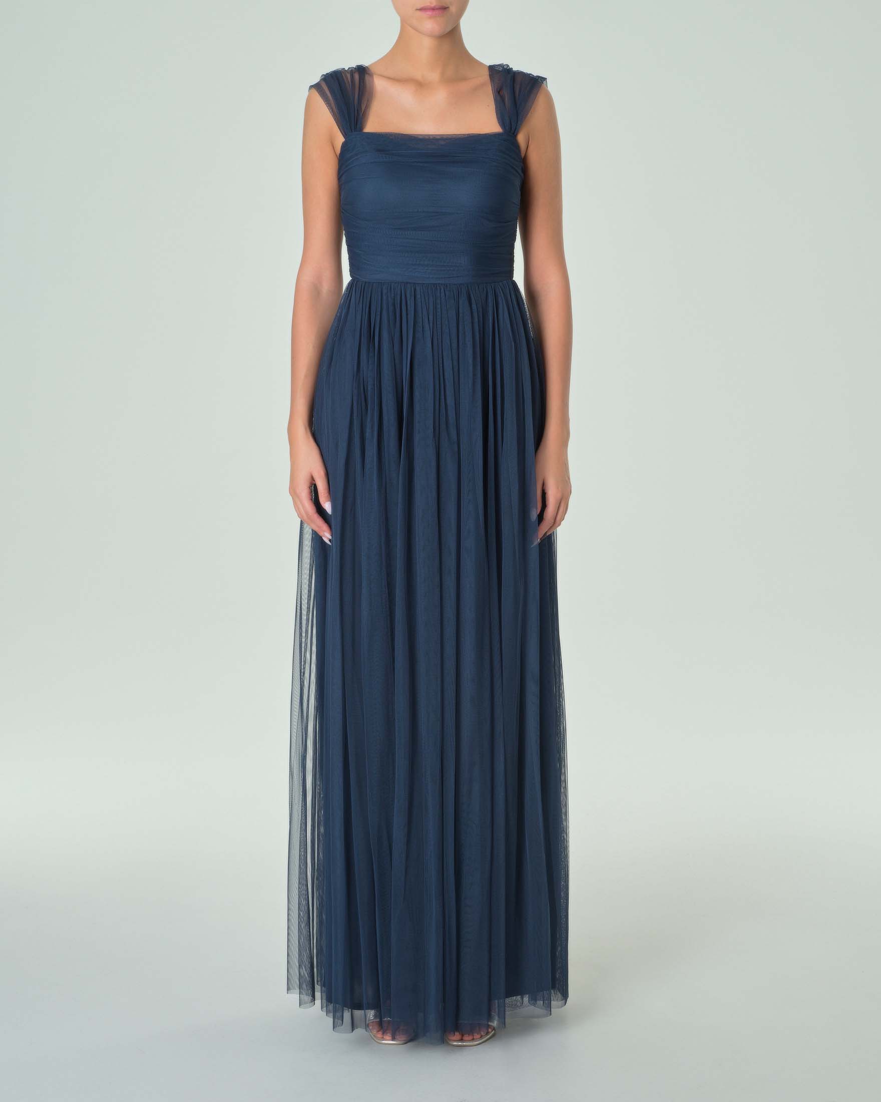 Abito lungo blu navy in tulle senza maniche e corpetto drappeggiato