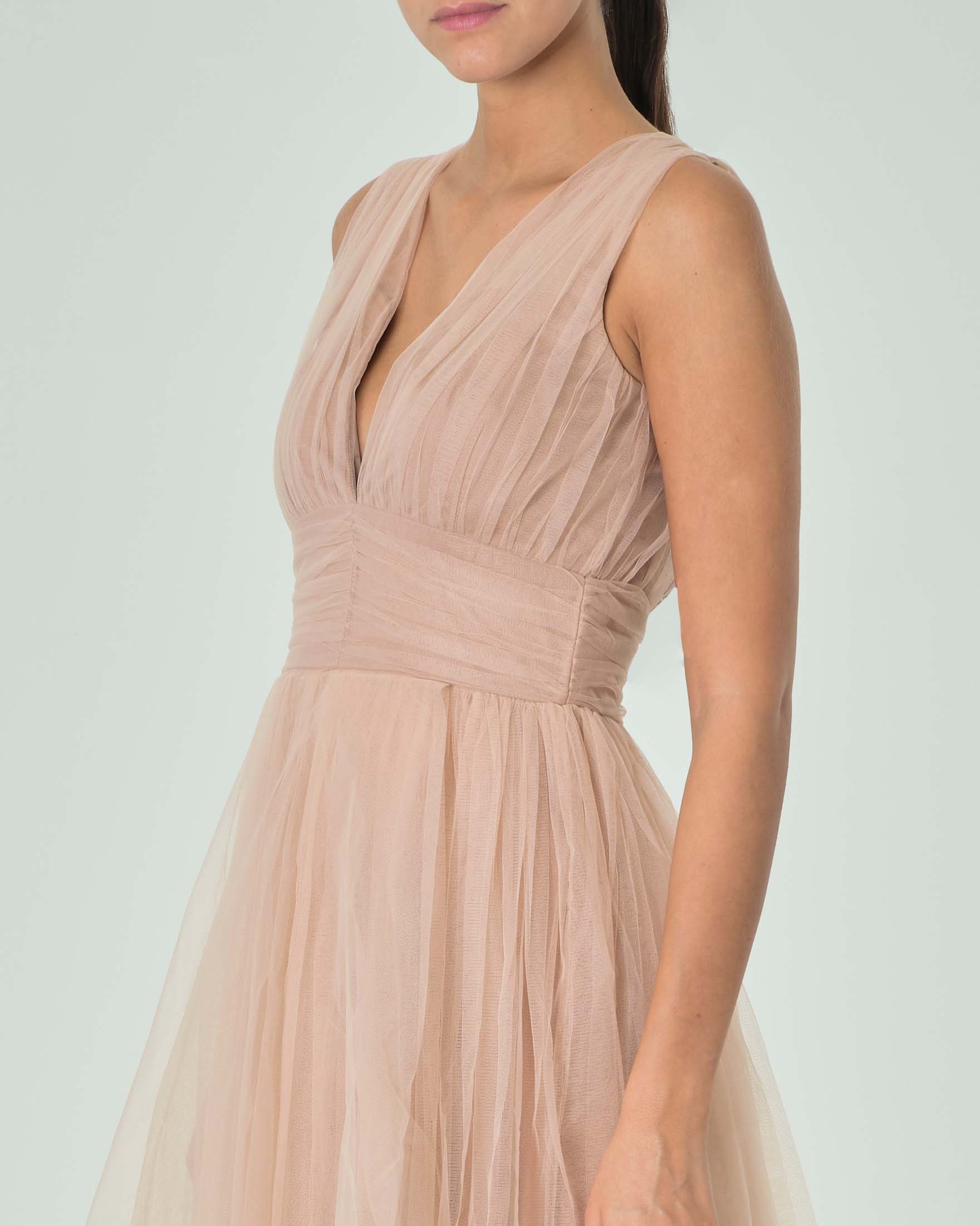 Abito midi rosa in tulle senza maniche con gonna ruota e scollo a V image