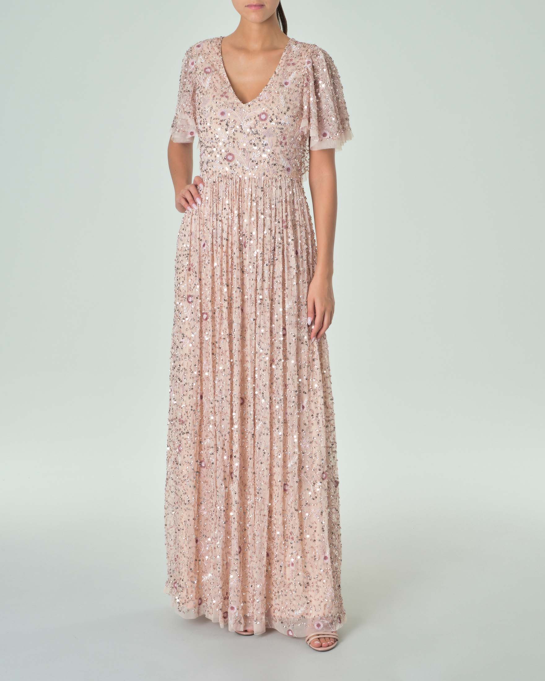 Maya Deluxe Maxi Abito Da Sera Con Paillettes Floreali E Tulle – Maniche Lunghe, Scollo Asimmetrico, Rosa Ciliegia