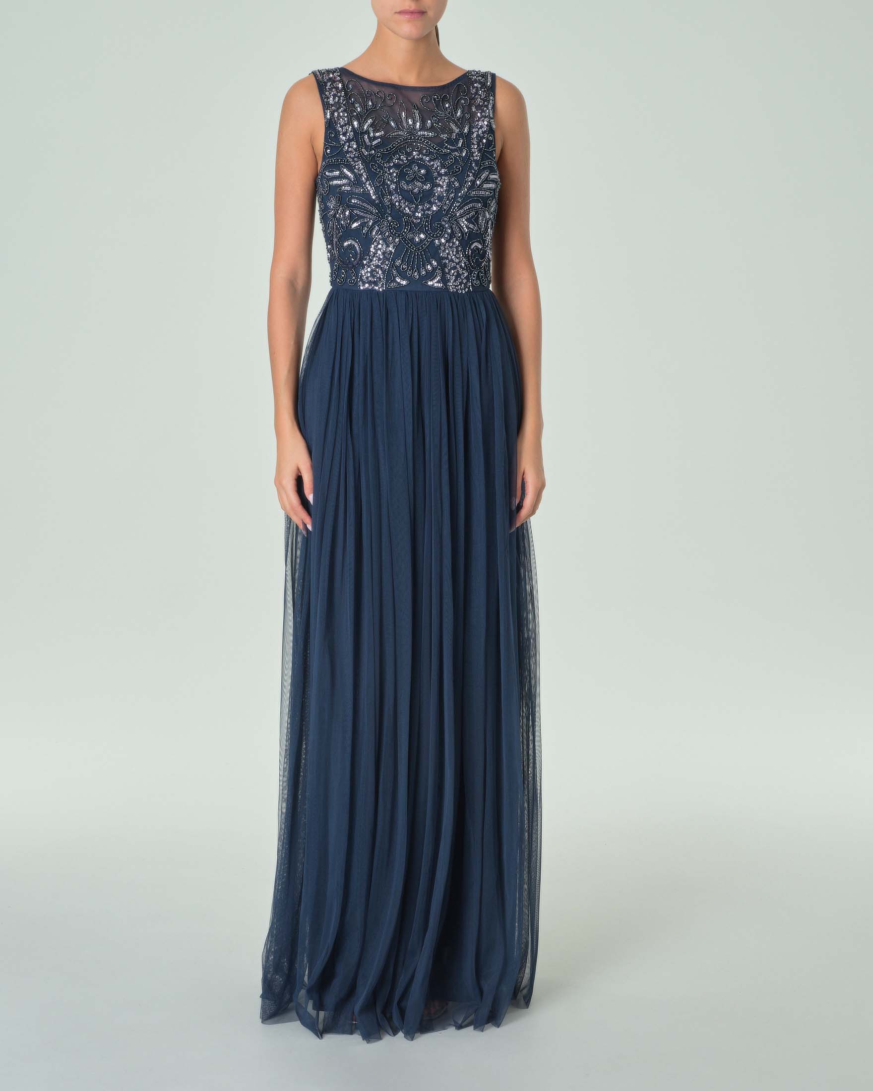 Abito lungo blu navy in tulle con corpetto senza maniche ricamato in perline e paillettes