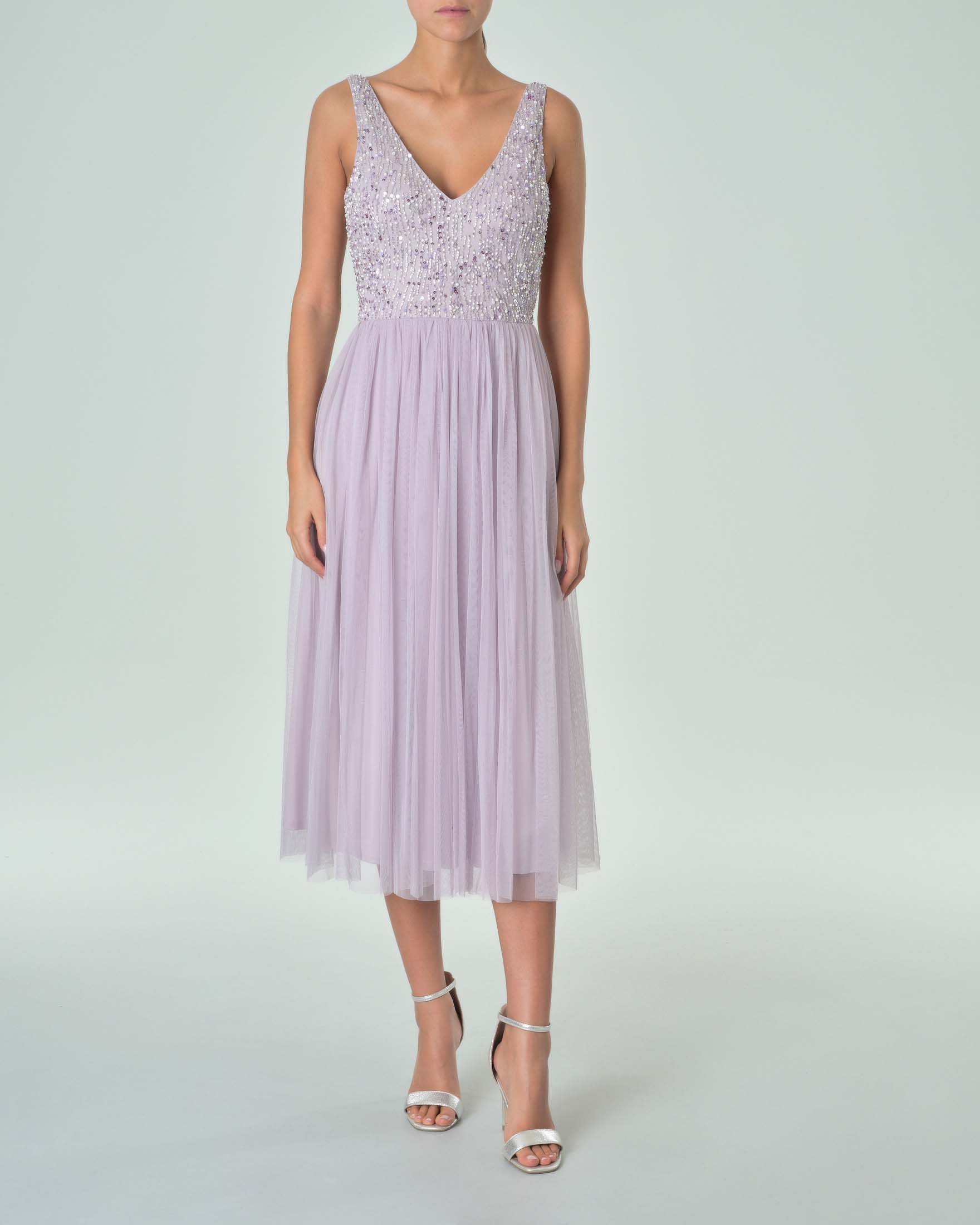 Abito midi smanicato color lilla in tulle con corpetto ricamato in