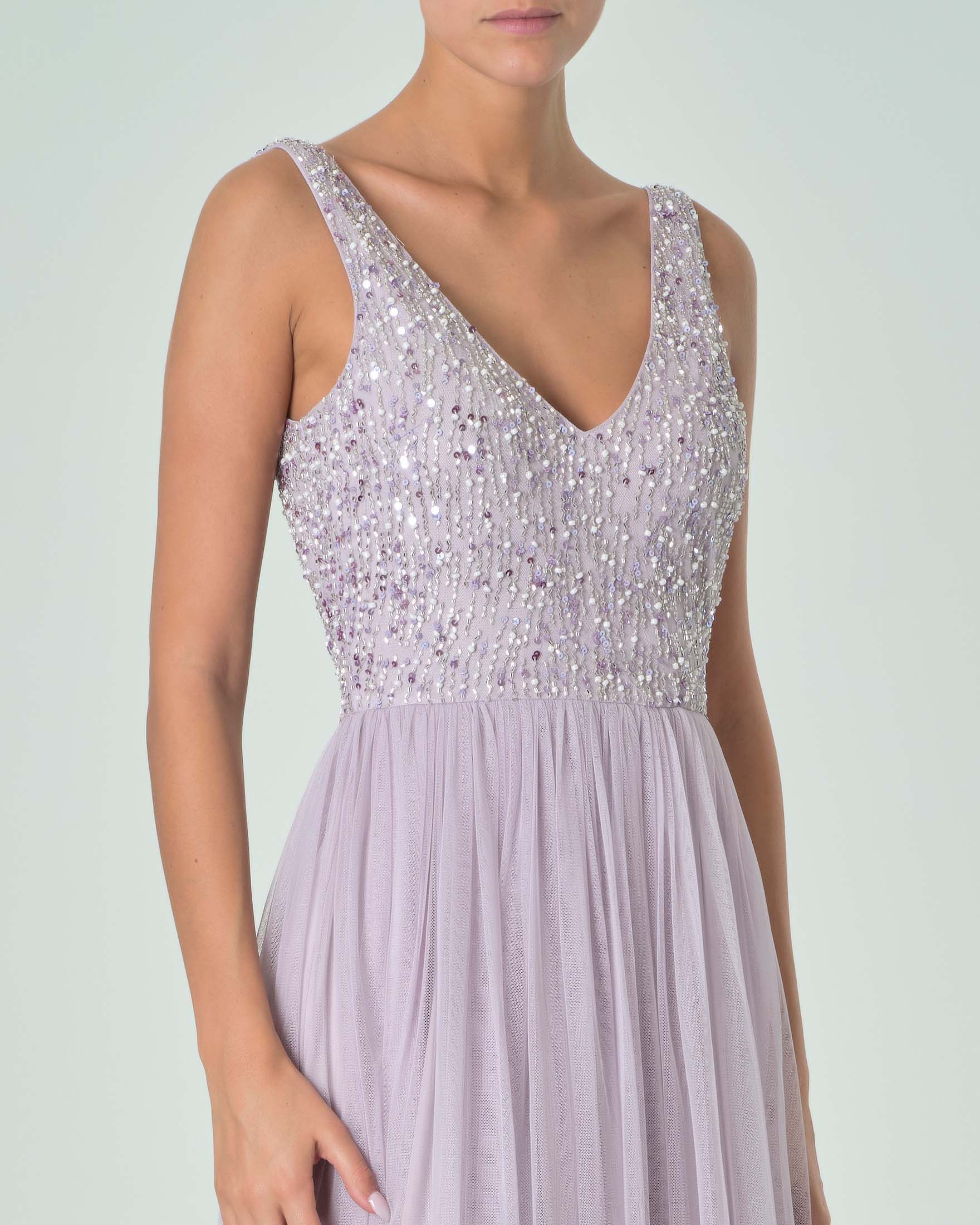 Abito midi smanicato color lilla in tulle con corpetto ricamato in paillettes e perline tono su tono image