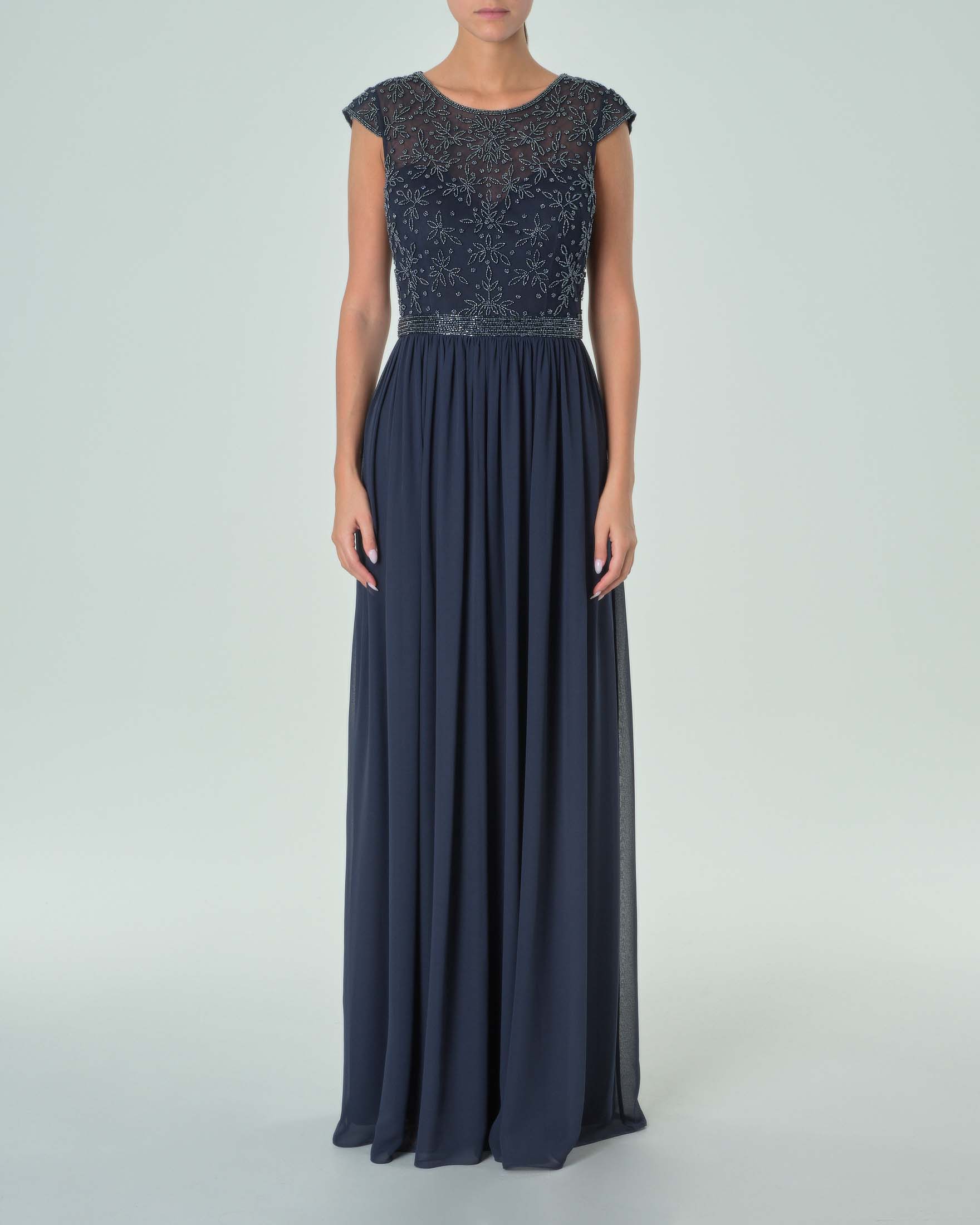 Abito lungo blu navy in georgette con corpetto a maniche ad aletta ricamato in perline tono su tono