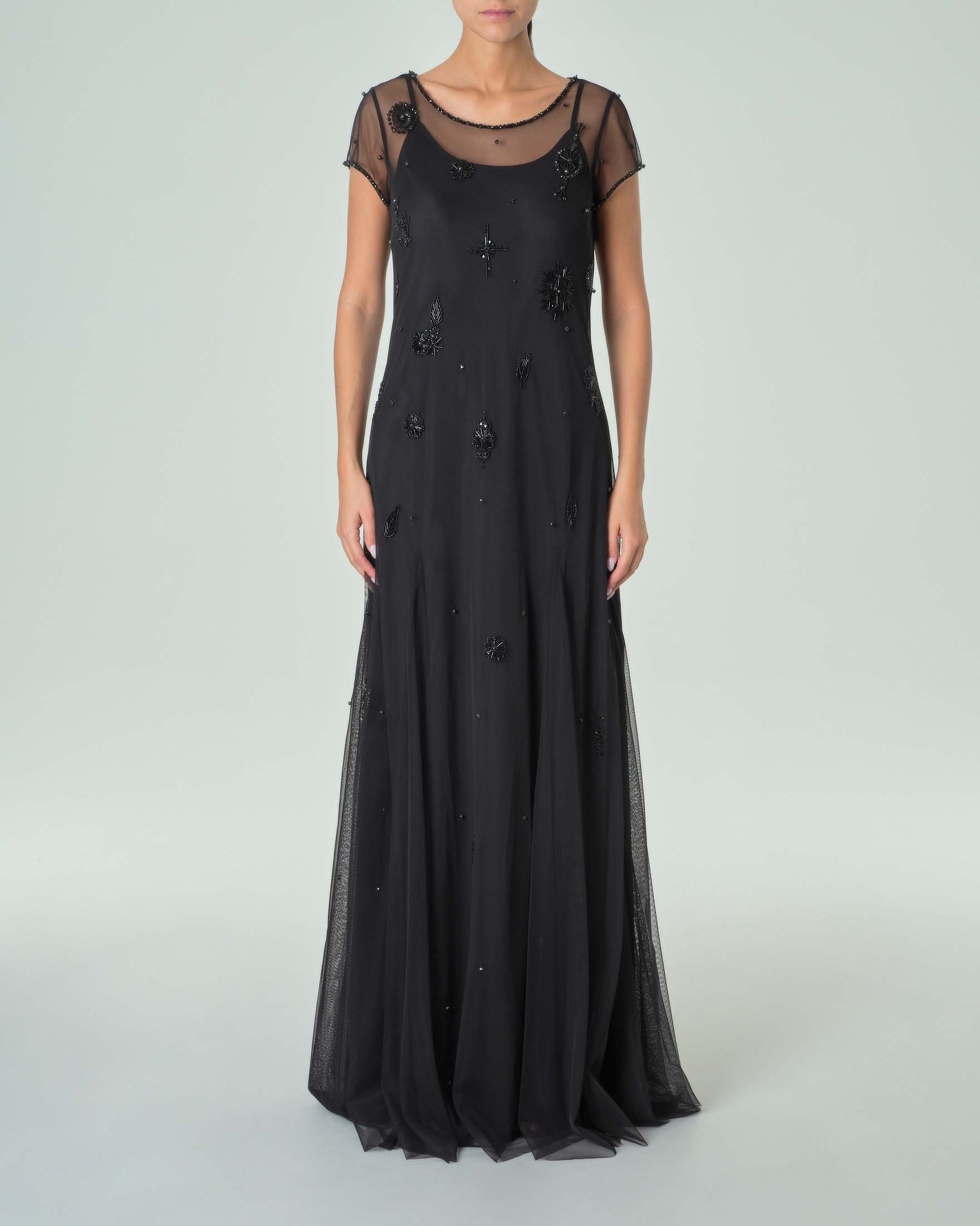 Abito lungo in tulle con ricami in perline tono su tono e sottoveste con spalline sottili