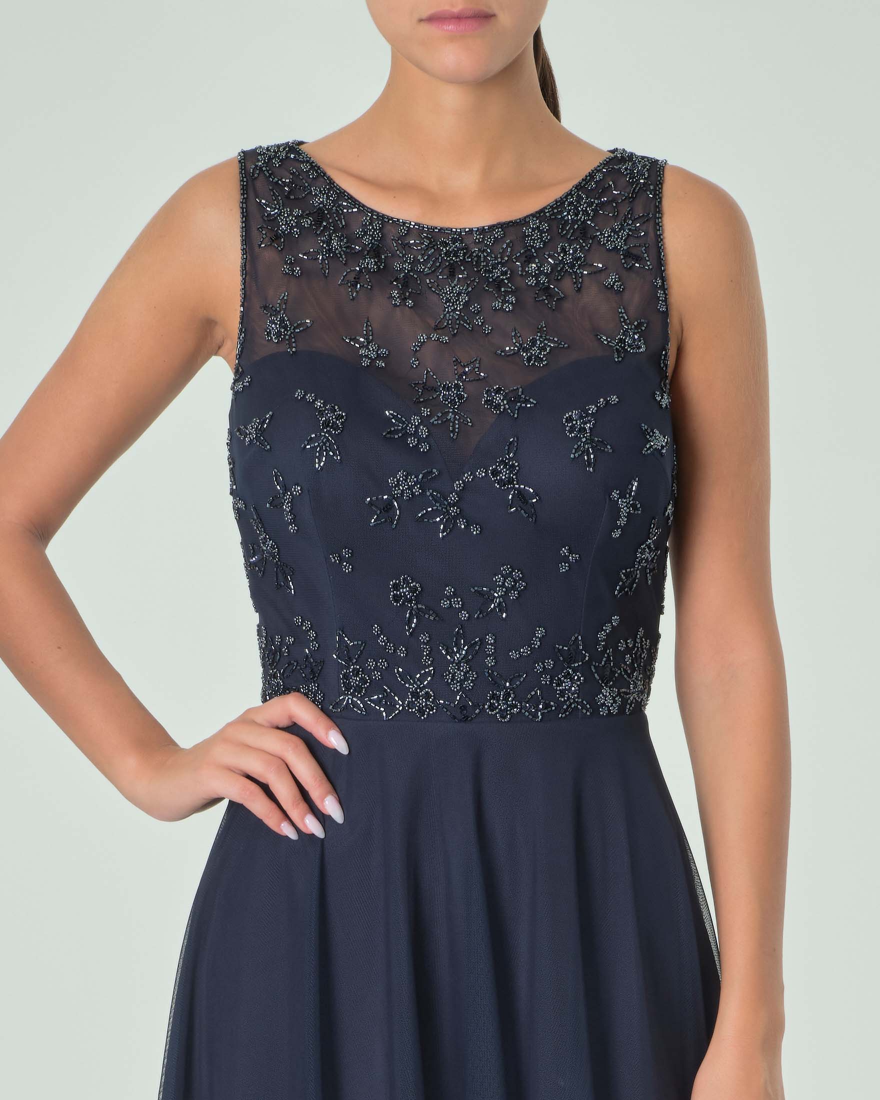 Abito corto blu navy in tulle senza maniche con corpetto ricamato in perline tono su tono image