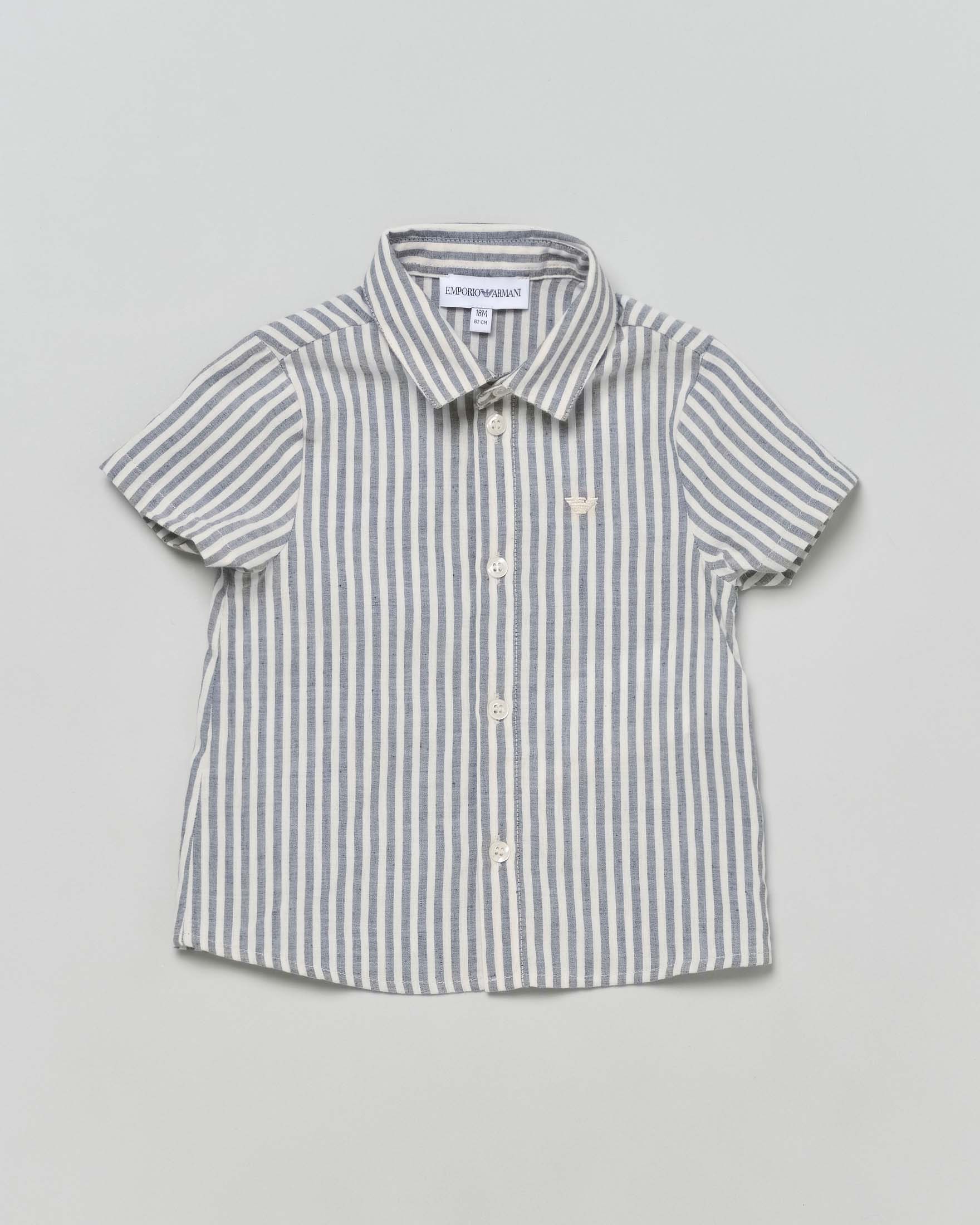 Camicia Junior in lino e cotone a righe bianche e grigie a maniche corte