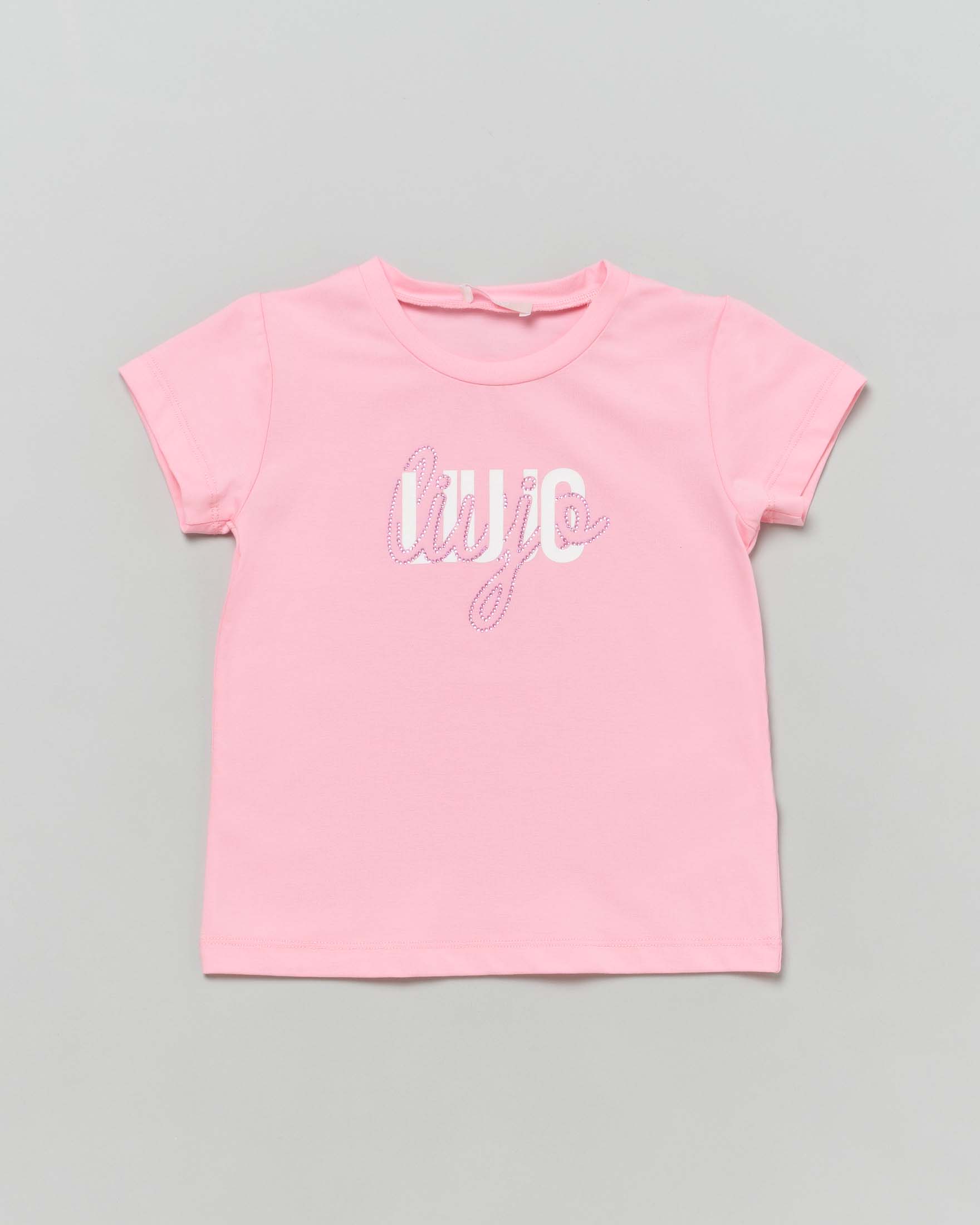 T-shirt rosa in cotone stretch a maniche corte con stampa logo bianca con strass