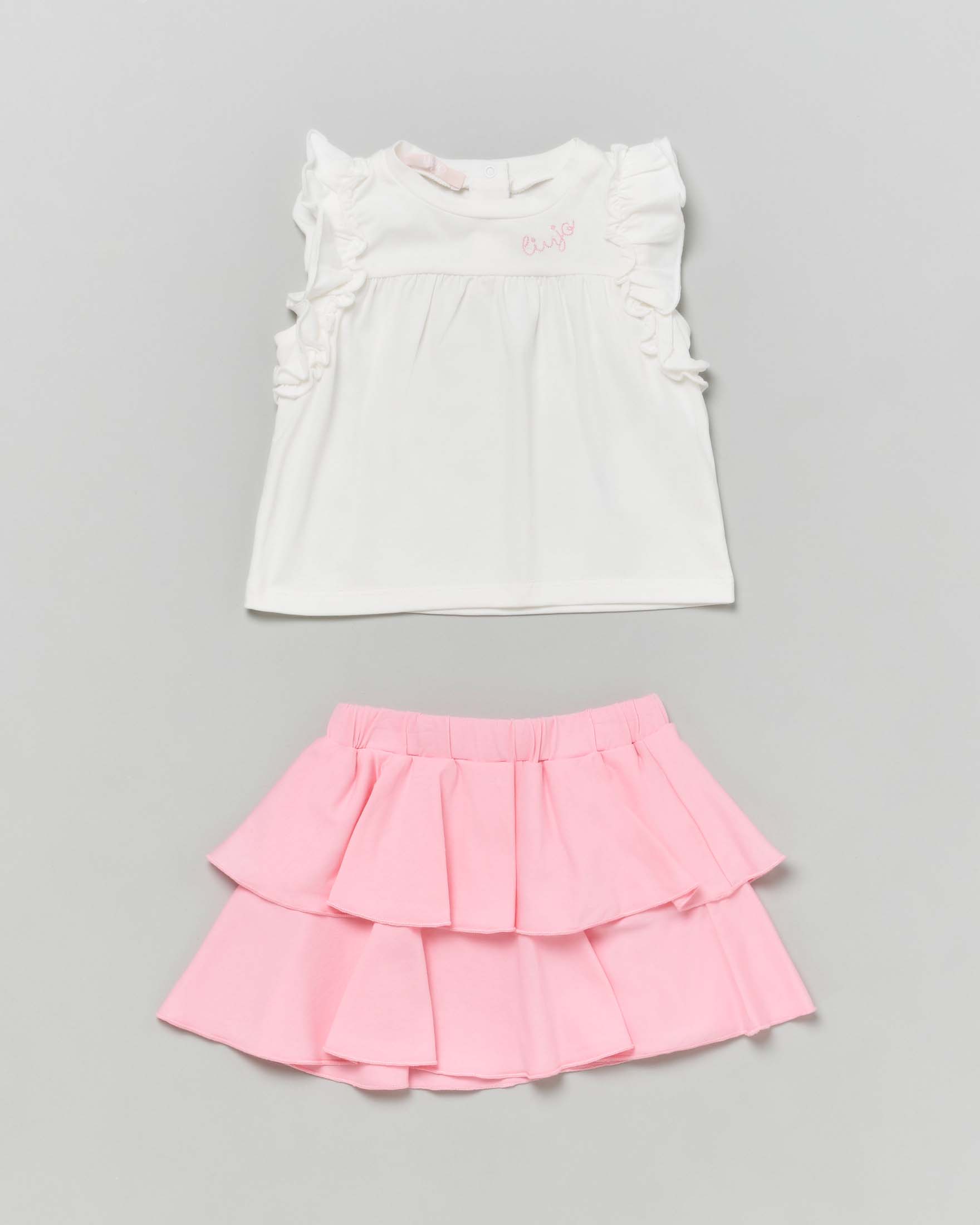 Completo in cotone stretch Liu-Jo composto da canotta bianca e mini gonna rosa