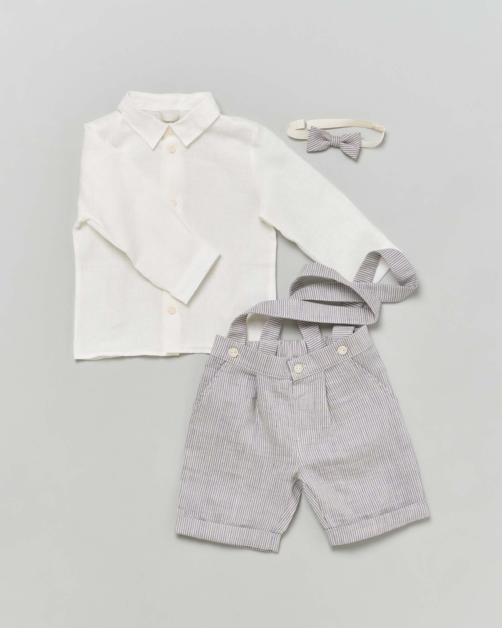 Completo in lino Lalalù composto da camicia bianca salopette a righe e papillon abbinato  image