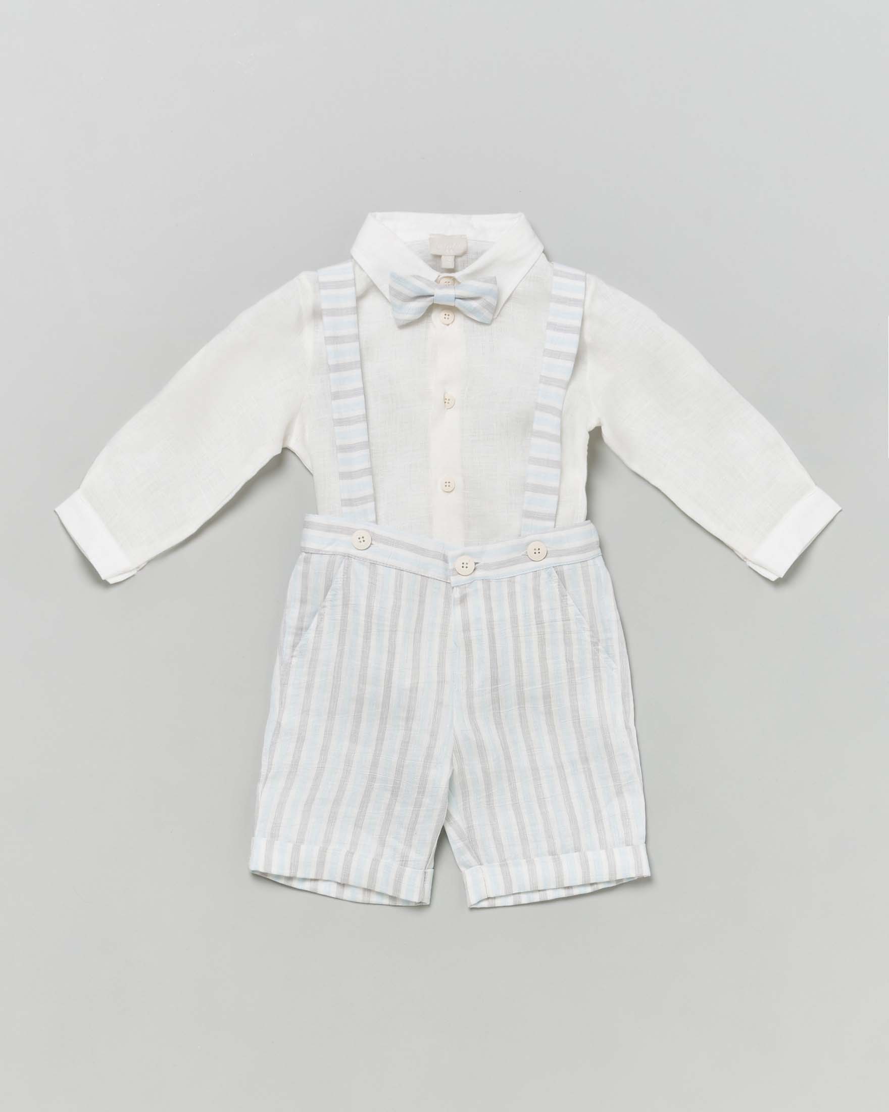 Completo in lino composto da camicia salopette e papillon a righe abbinati