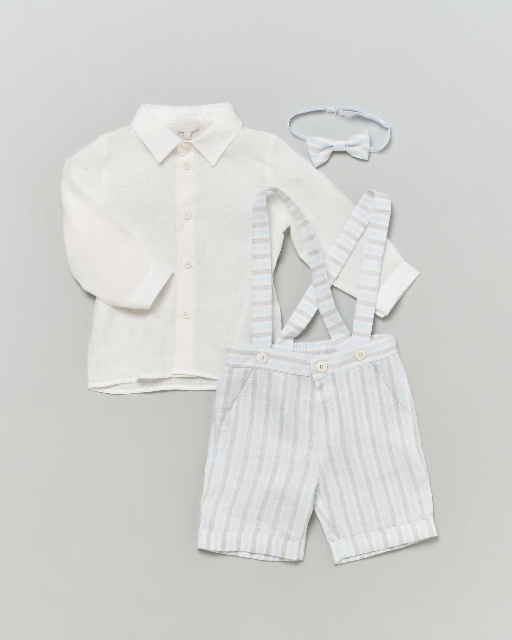Completo in lino Lalalù composto da camicia salopette e papillon a righe abbinati  image