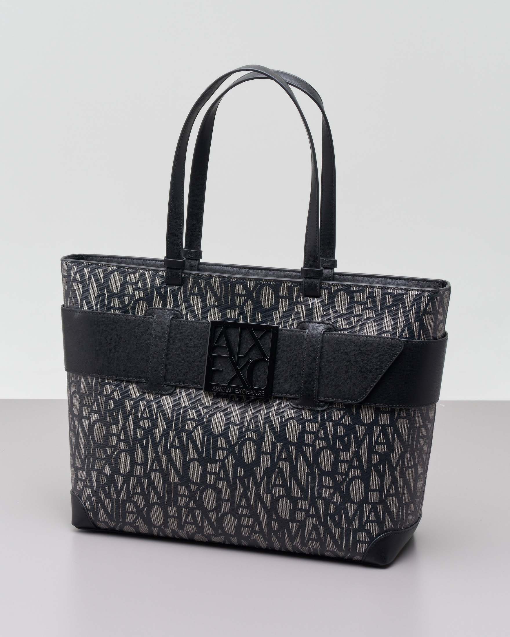 Borsa a mano nera misura piccola in similpelle con scritta gesso logo all over con maxi fibbia logo a specchio tono su tono