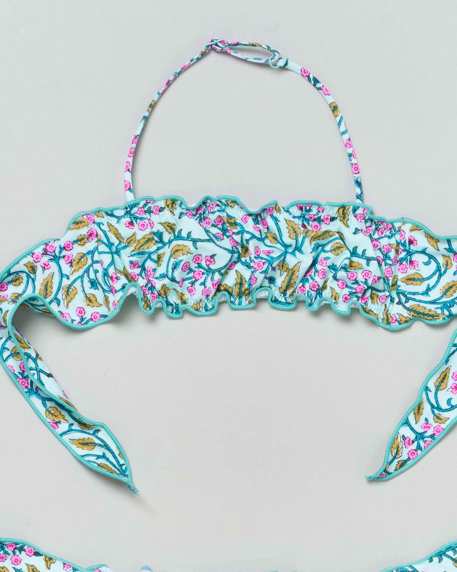 Bikini Emy a fascia verde acqua con stampa floreale fucsia  image