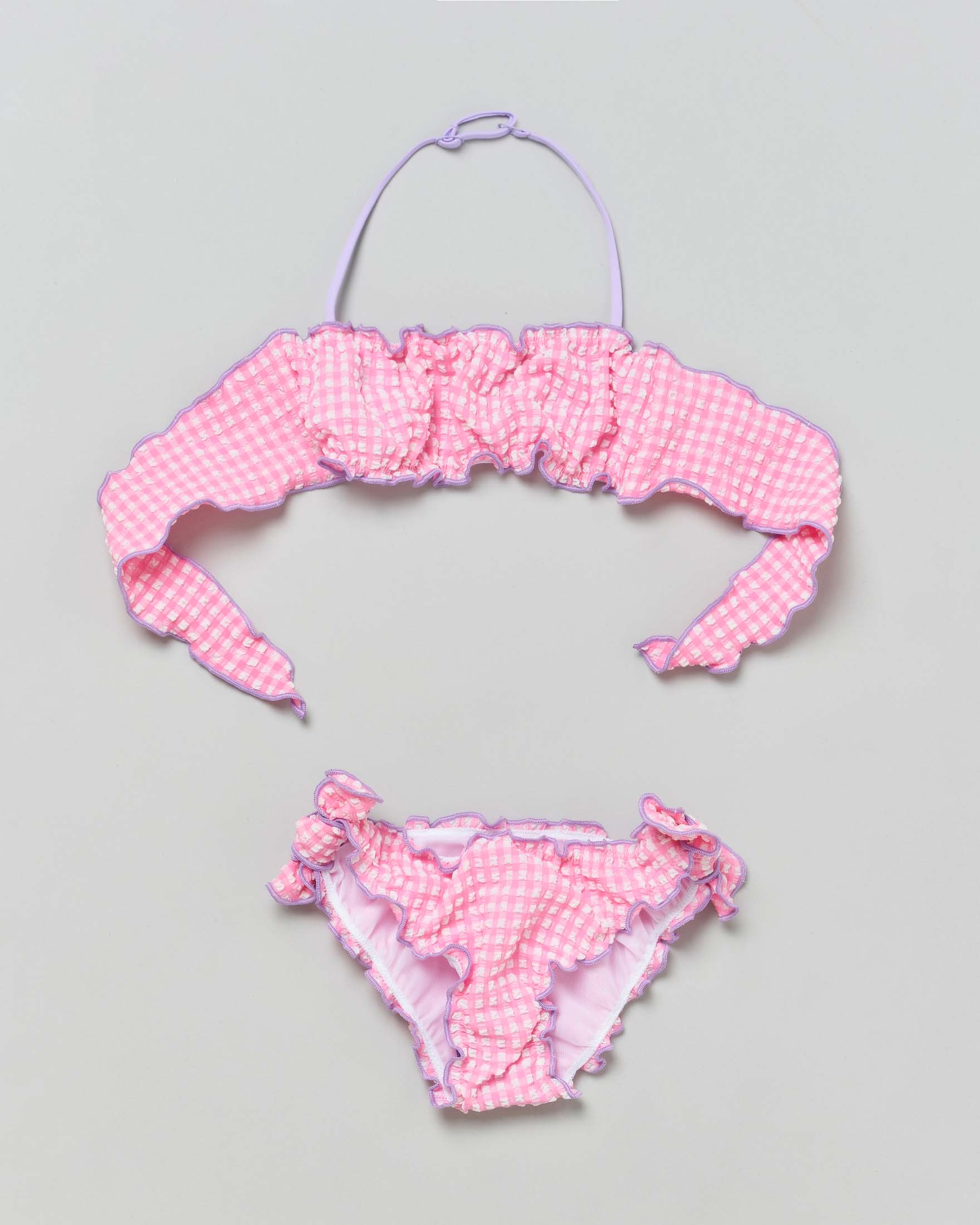 Bikini Emy a fascia in seersucker a fantasia vichy rosa e bianca con profili lilla
