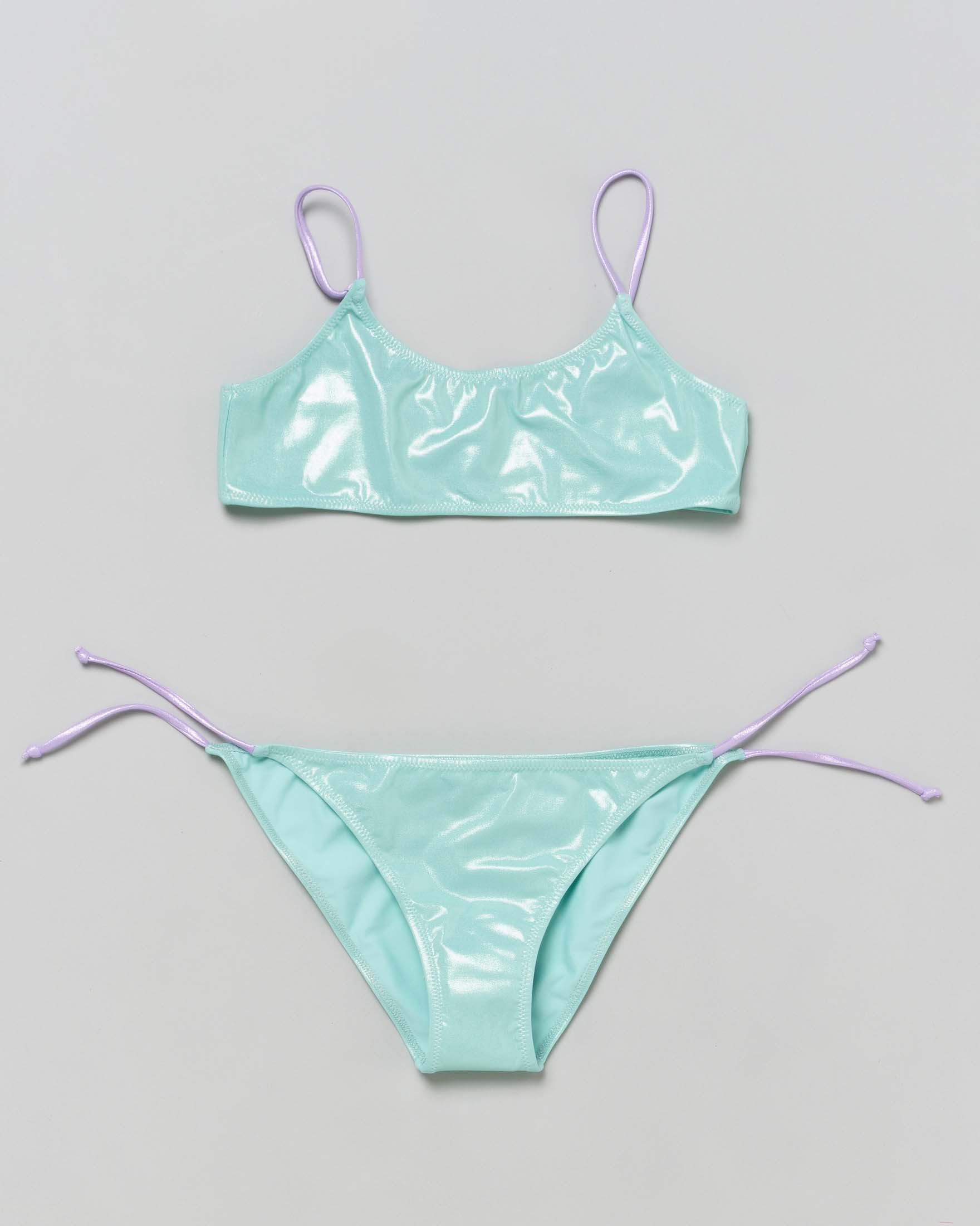 Bikini Jaiden a bralette verde acqua metallizzato con lacci lilla
