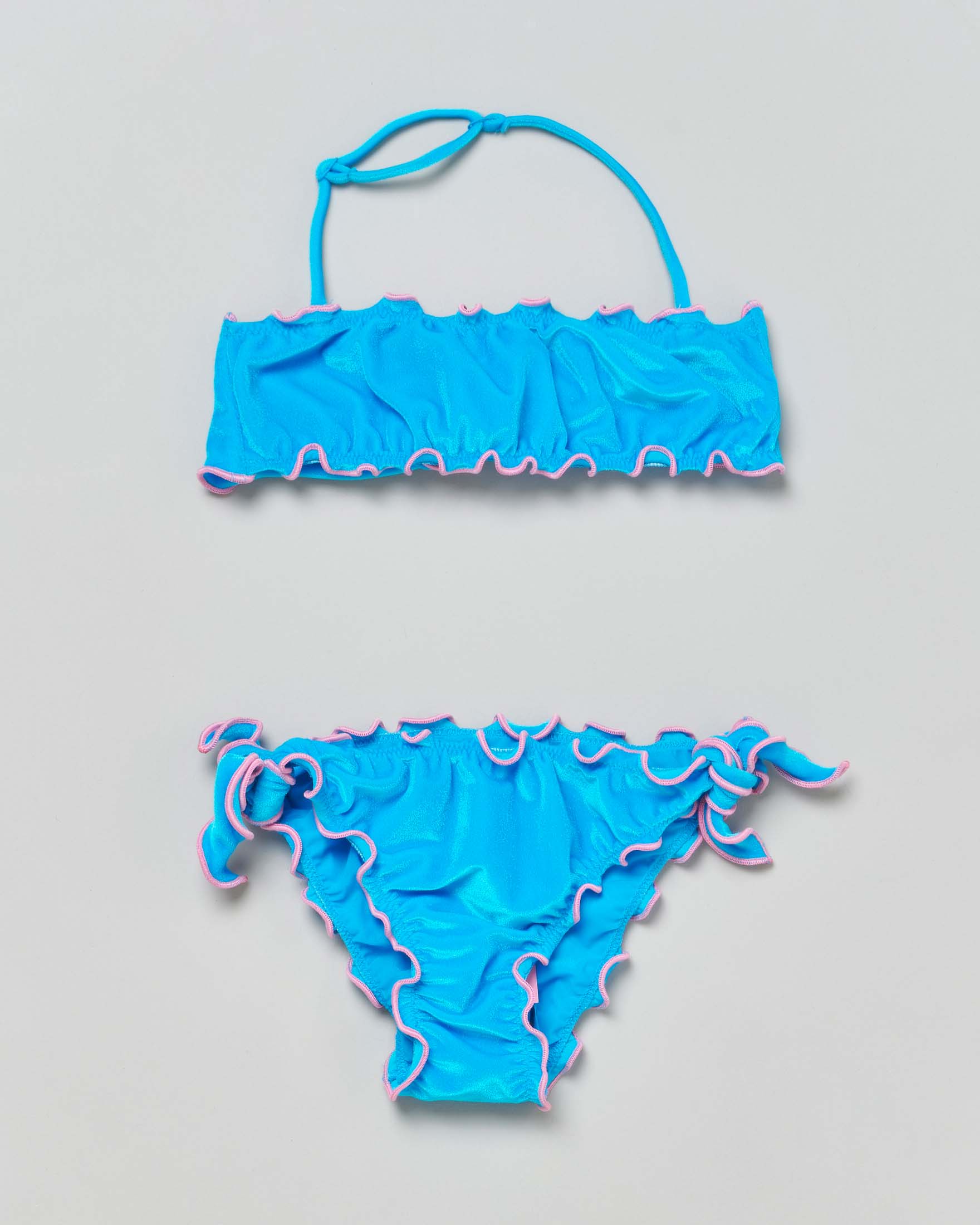 Bikini Emy a fascia azzurro in ciniglia con profili rosa