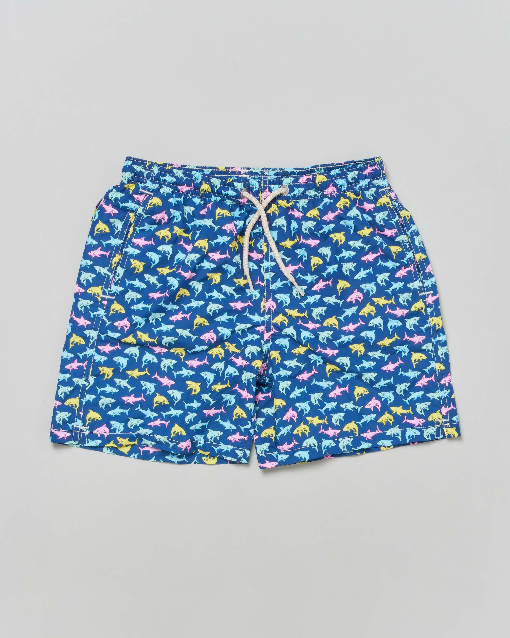 Boxer mare blu con stampa squali colorati e coulisse