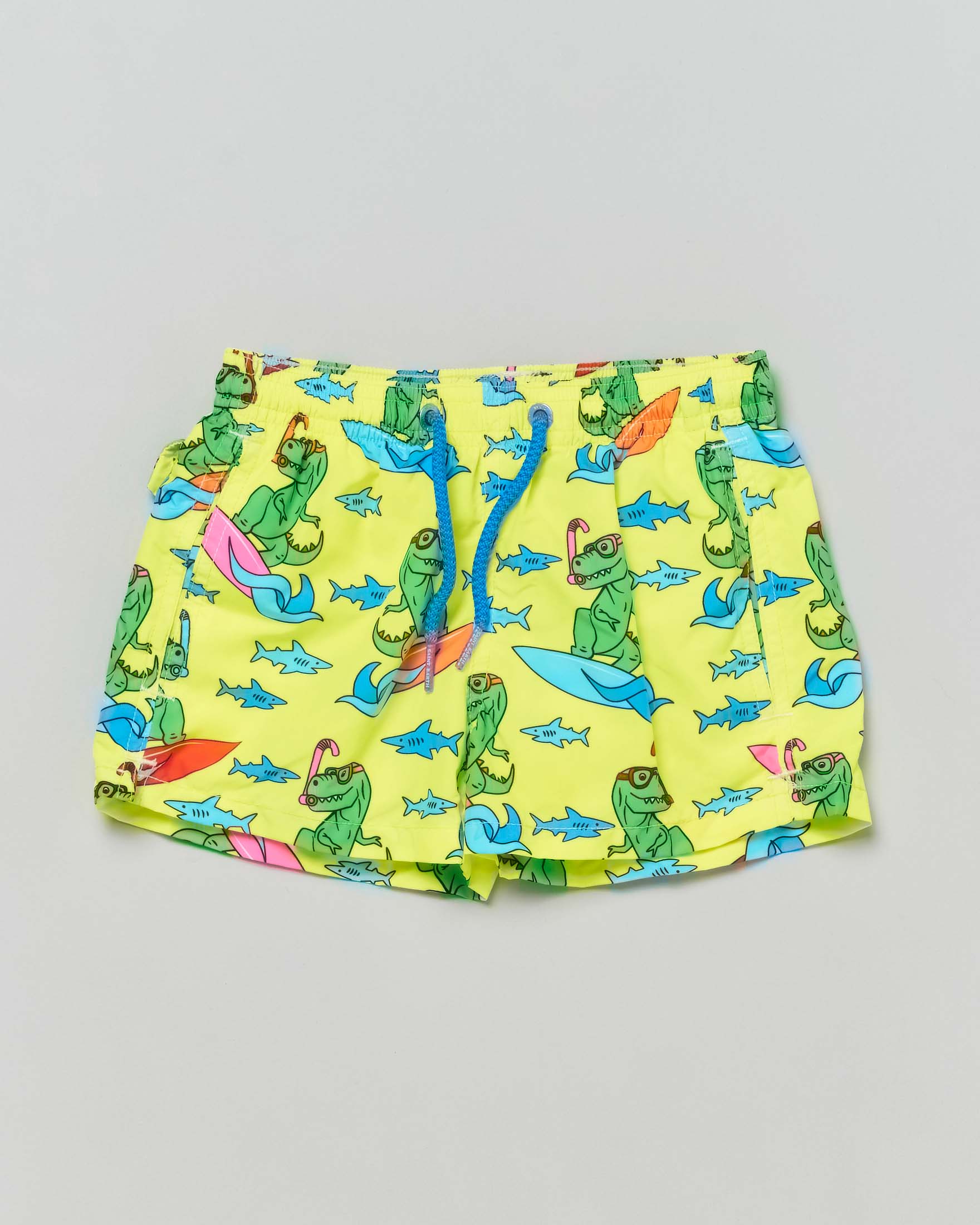 Boxer mare giallo MC2 Saint Barth con stampa dinosauro surf e squaletti 
