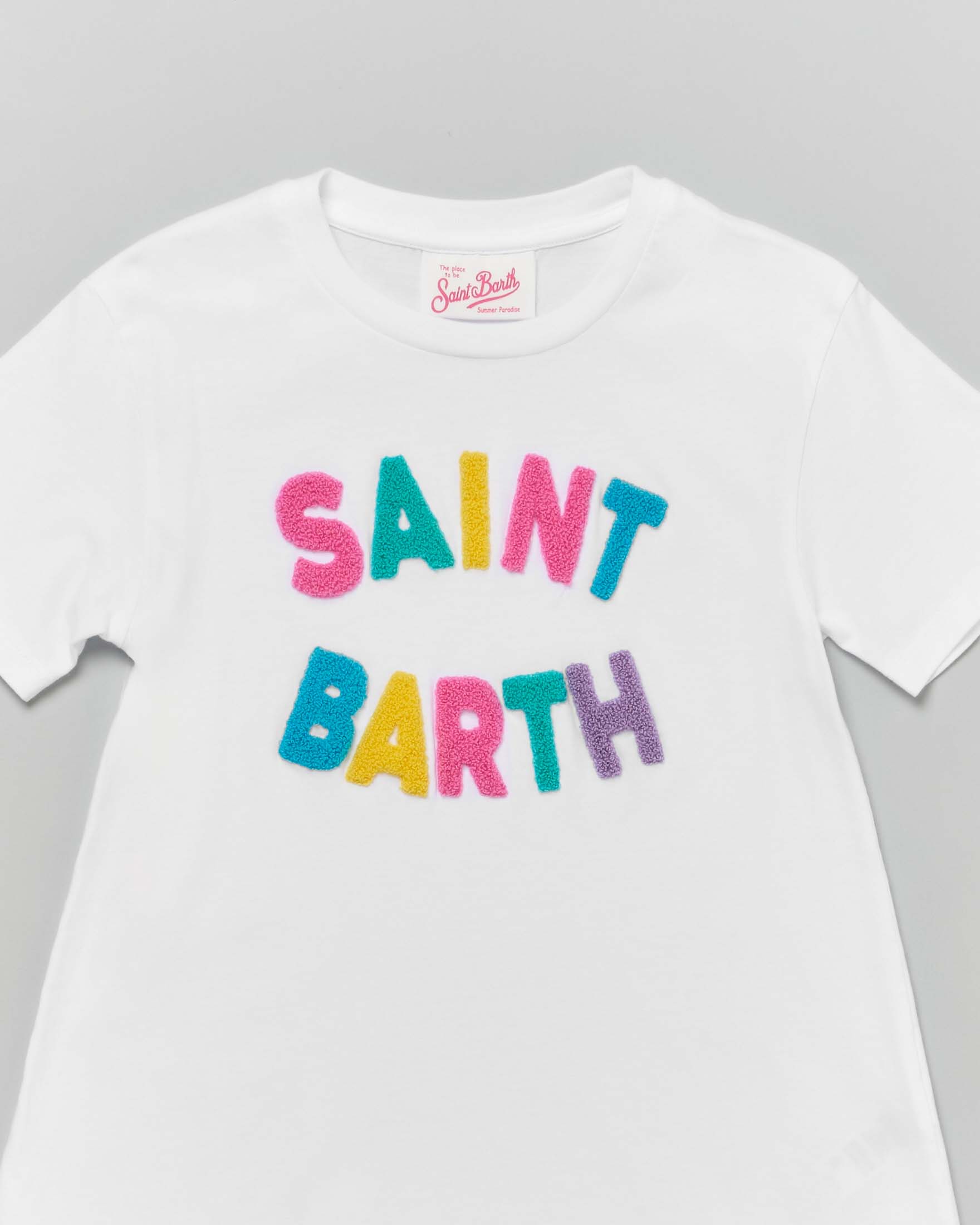 Abito copricostume MC2 Saint Barth bianco in cotone con frange e scritta in spugna colorata  image