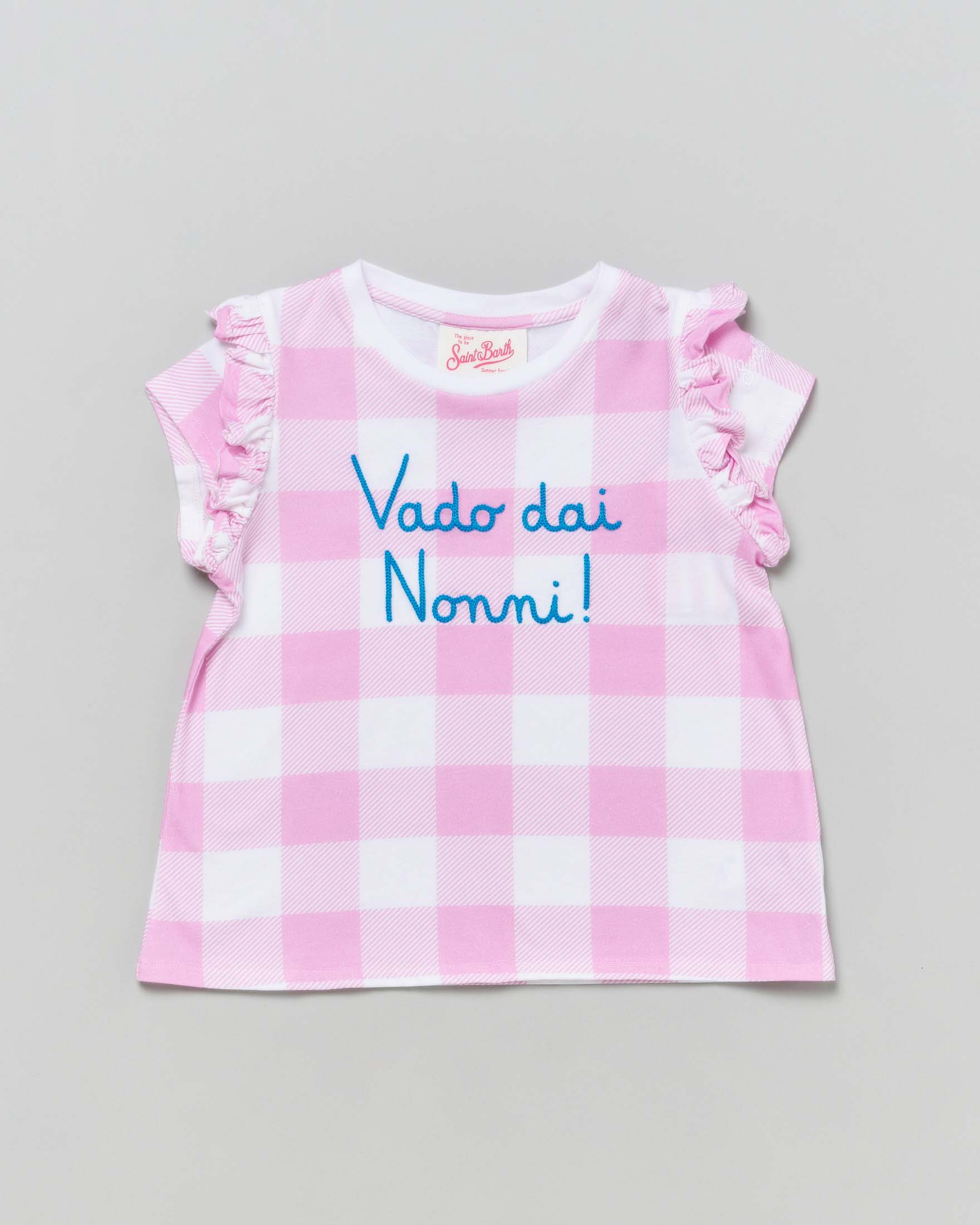 T-shirt vichy rosa e bianca MC2 Saint Barth in cotone a maniche corte con scritta 'Vado dai nonni!'