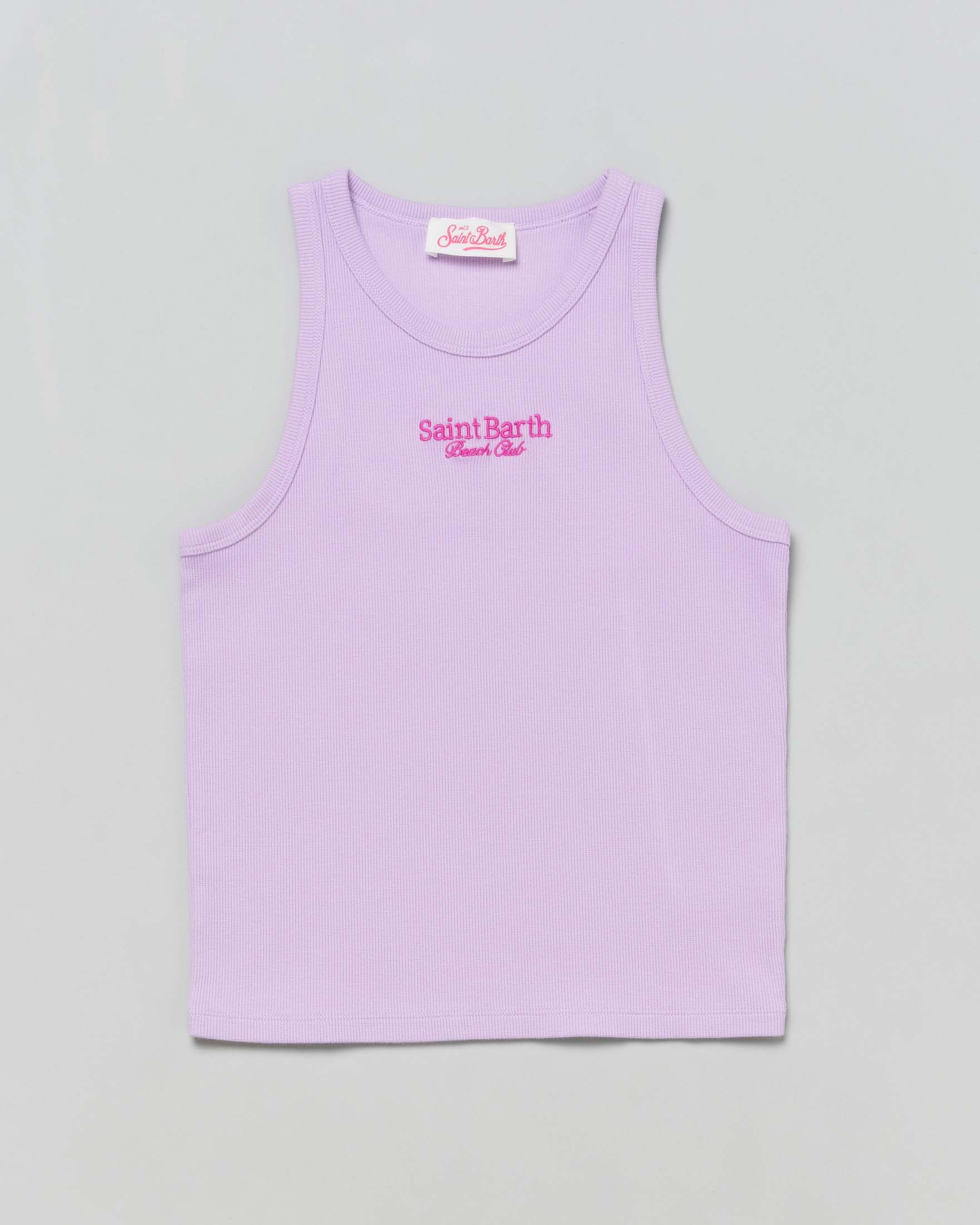 Canotta lilla in cotone stretch a costine con scritta logo fucsia