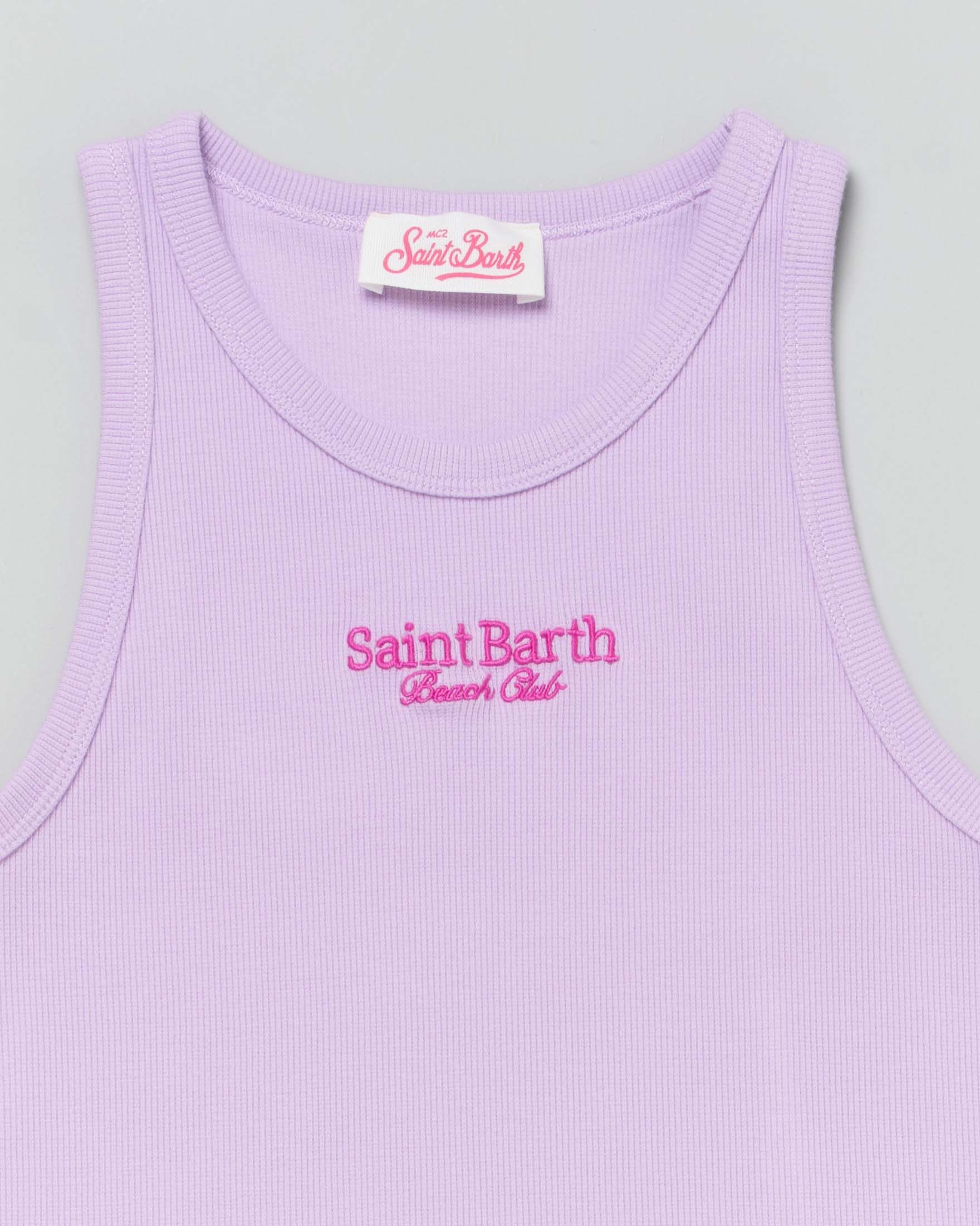 Canotta lilla MC2 Saint Barth in cotone stretch a costine con scritta logo fucsia  image