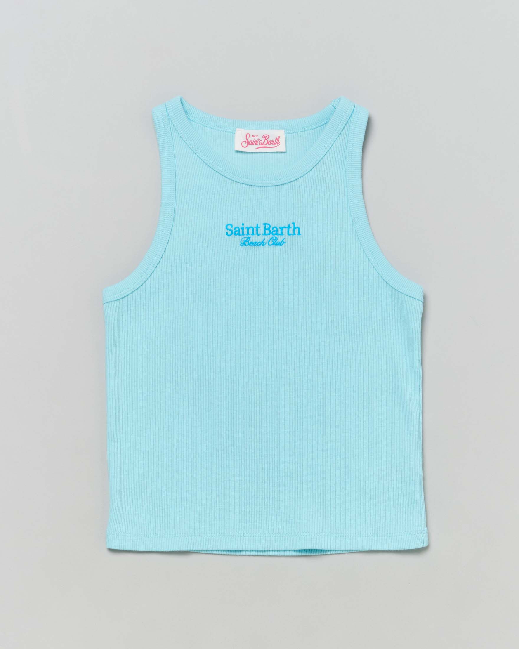 Canotta azzurra in cotone stretch a costine con scritta logo