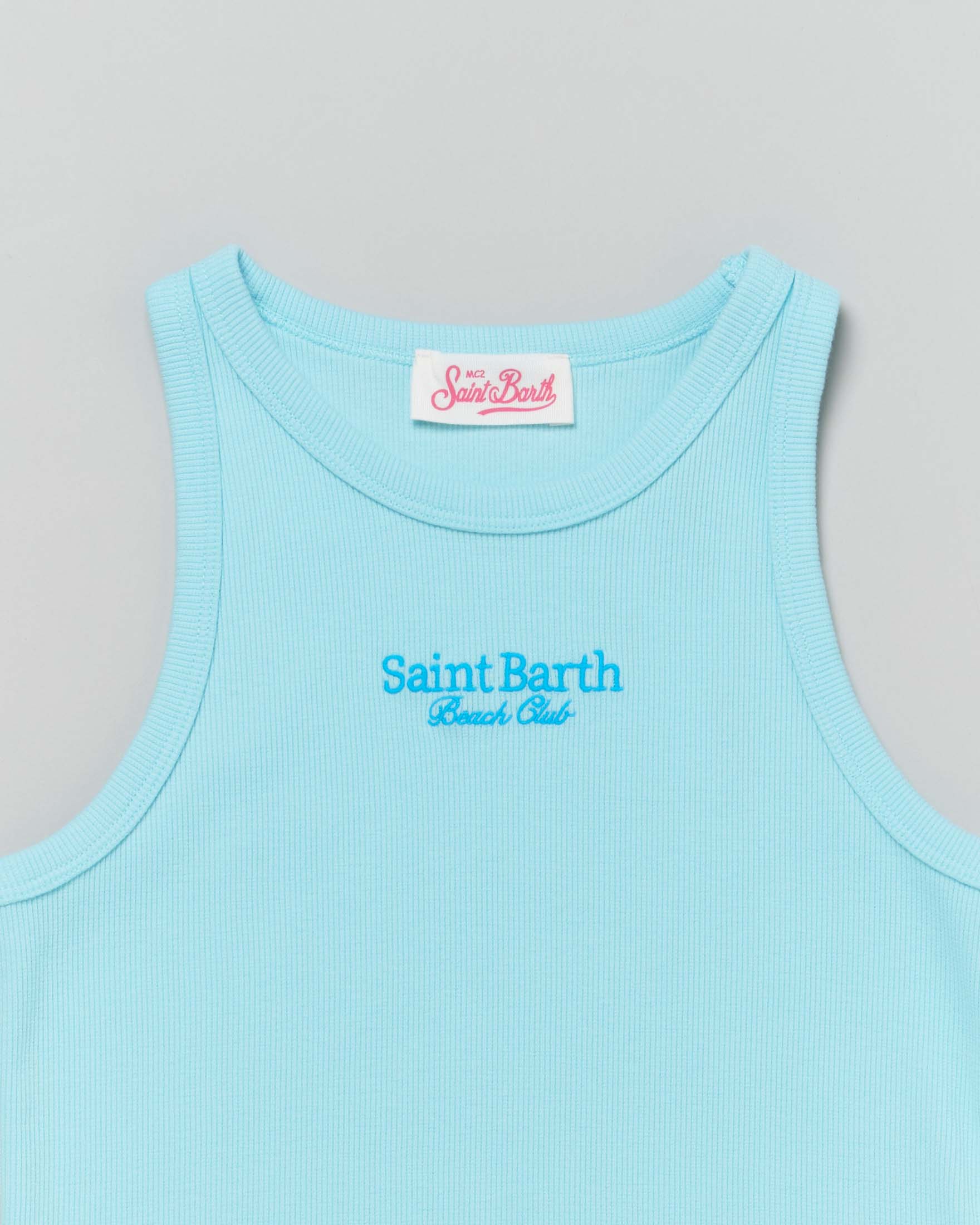 Canotta azzurra MC2 Saint Barth in cotone stretch a costine con scritta logo  image
