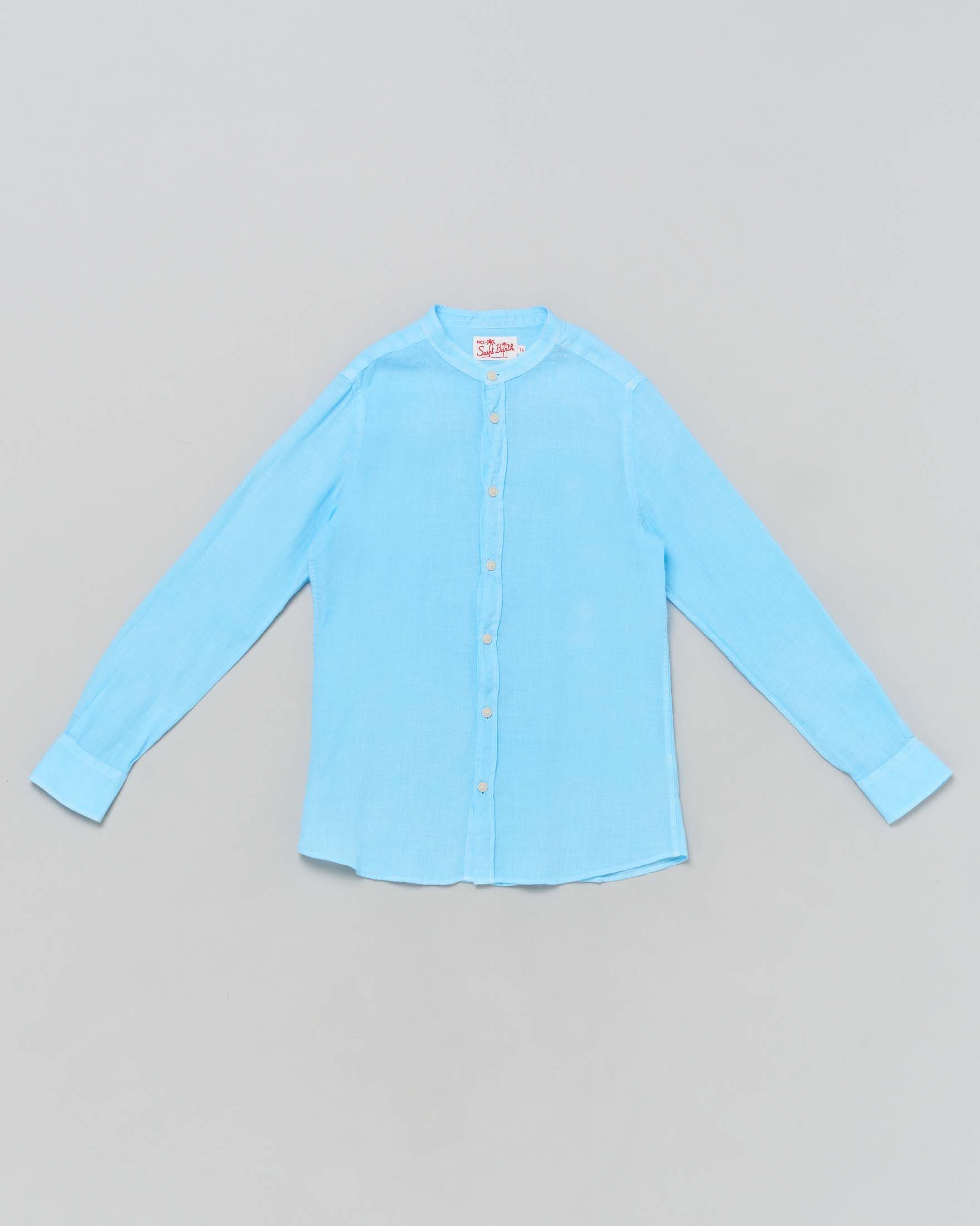 Camicia azzurra alla coreana in cotone