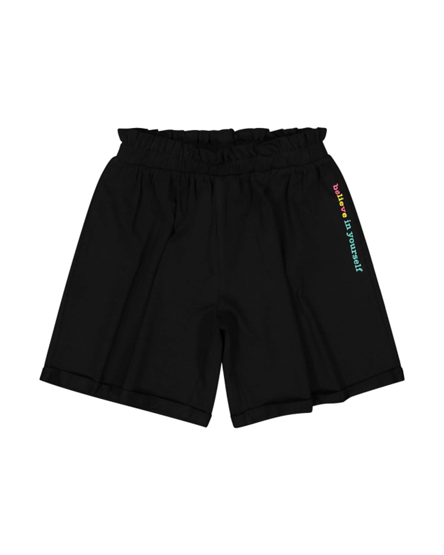 Short nero in cotone a vita alta con scritta multicolor 6 anni