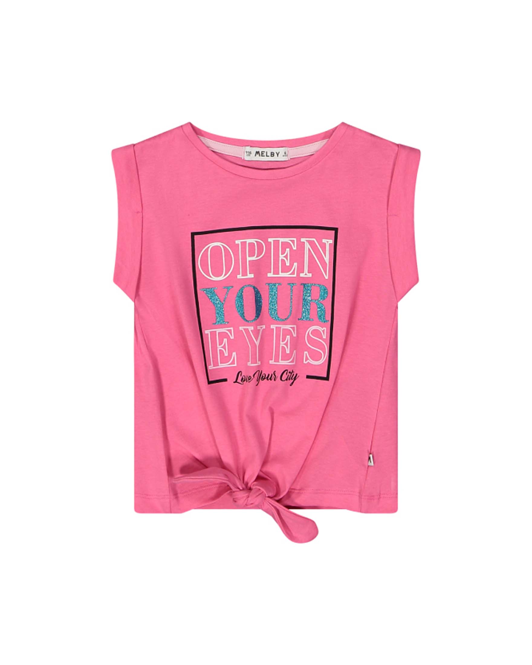 Canotta fucsia in cotone annodata con stampa scritta glitterata 4-6 anni