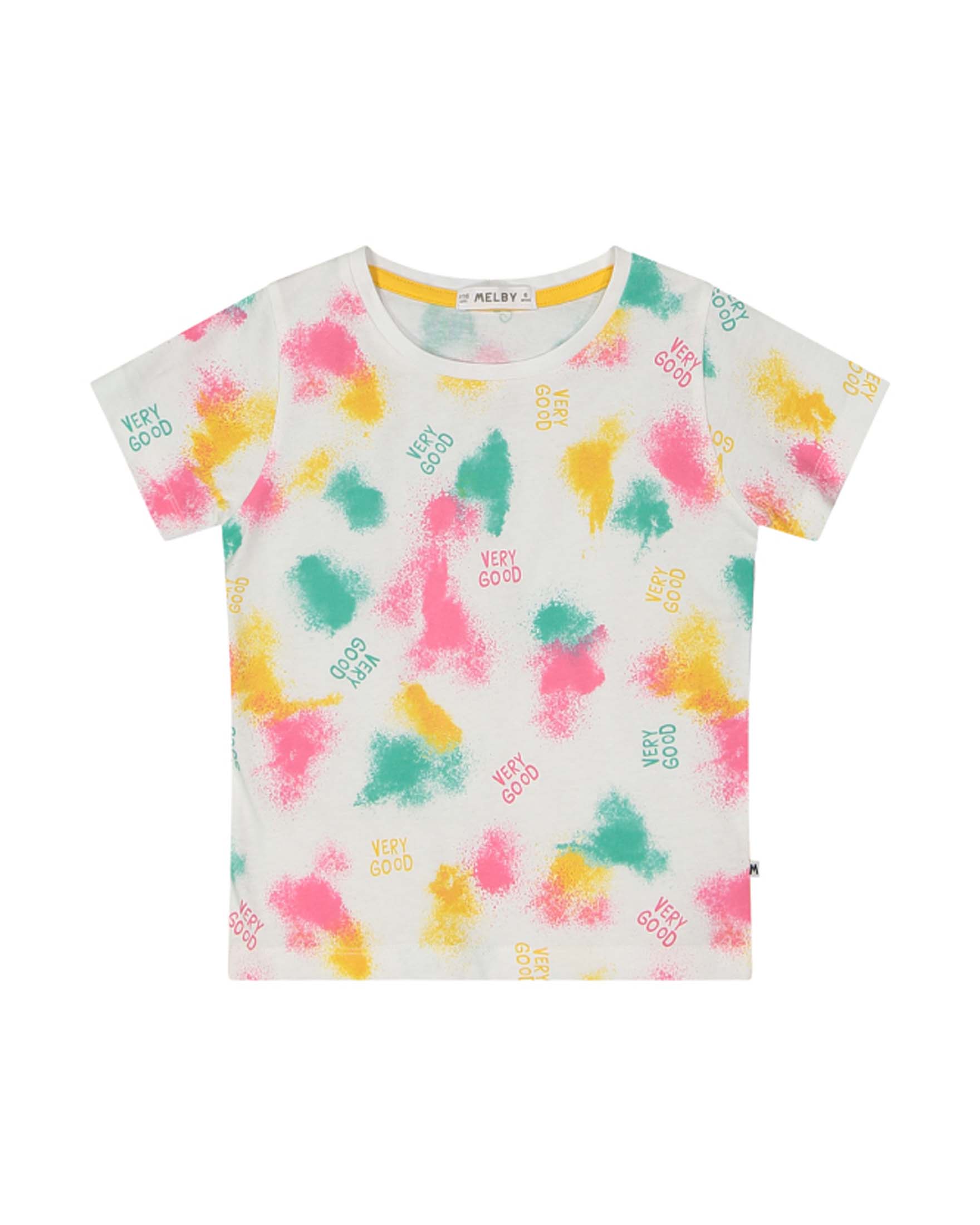 T-shirt bianca in cotone con stampa spray gialla verde e rosa 4-6 anni