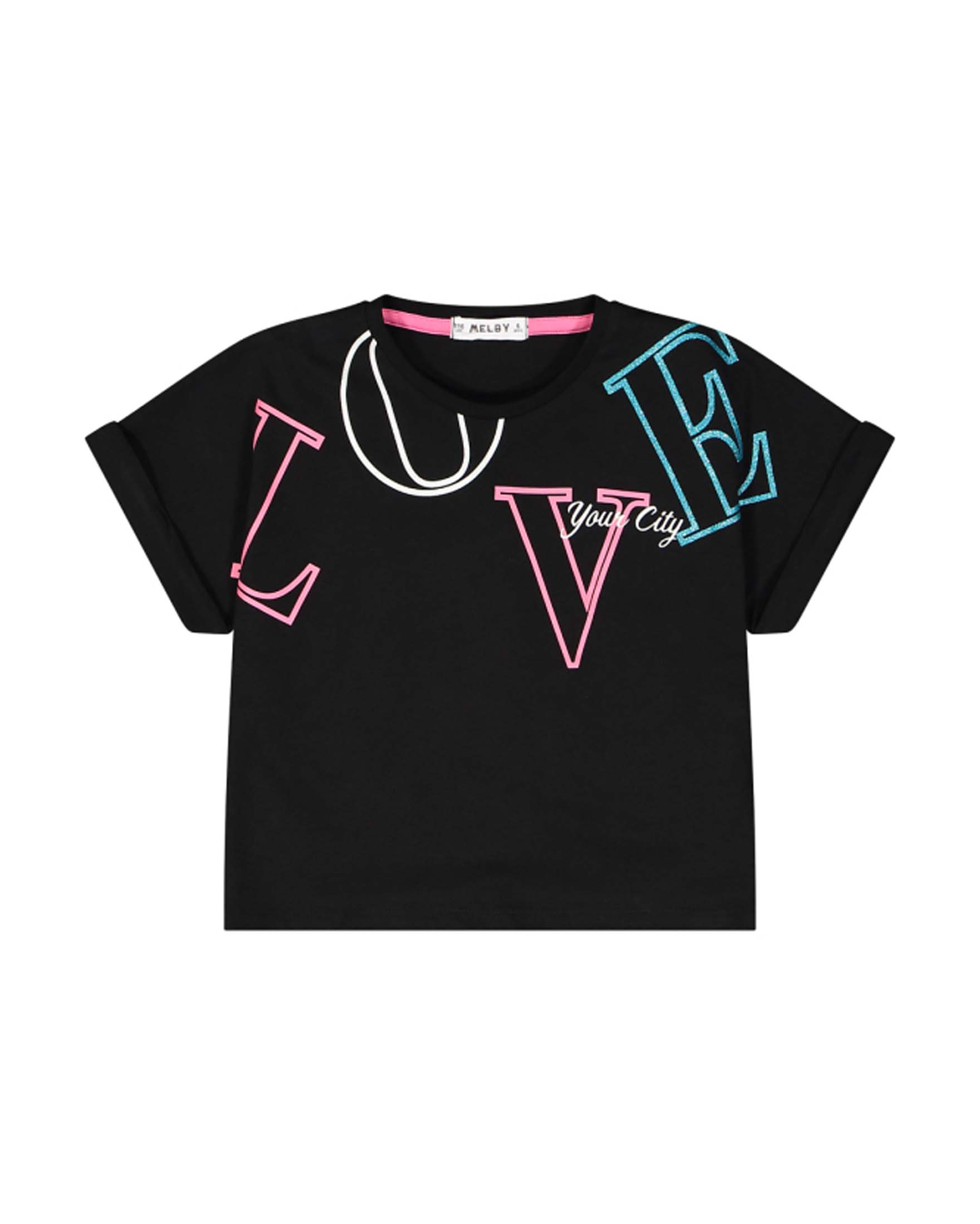 T shirt nera in cotone a maniche corte con stampa Love glitterata 8 14 anni