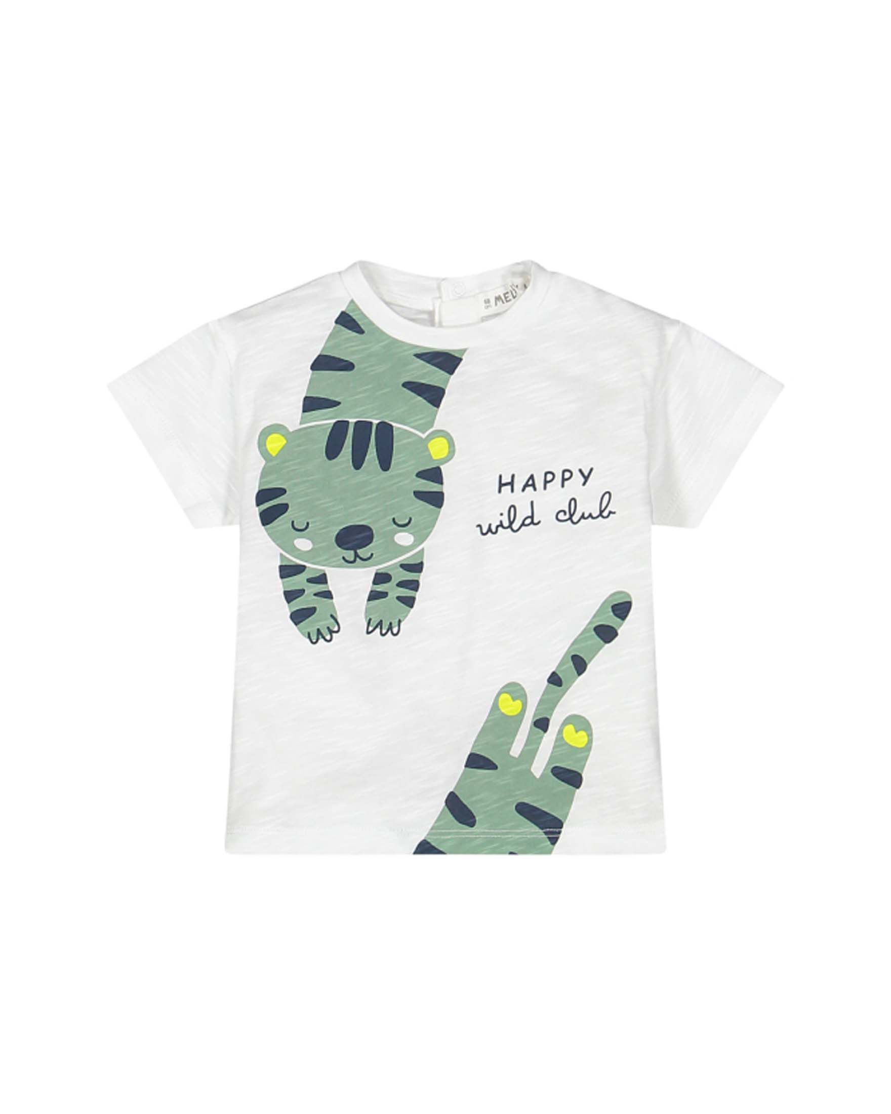 T-shirt bianca in cotone fiammato con stampa tigrotto verde e maniche corte
