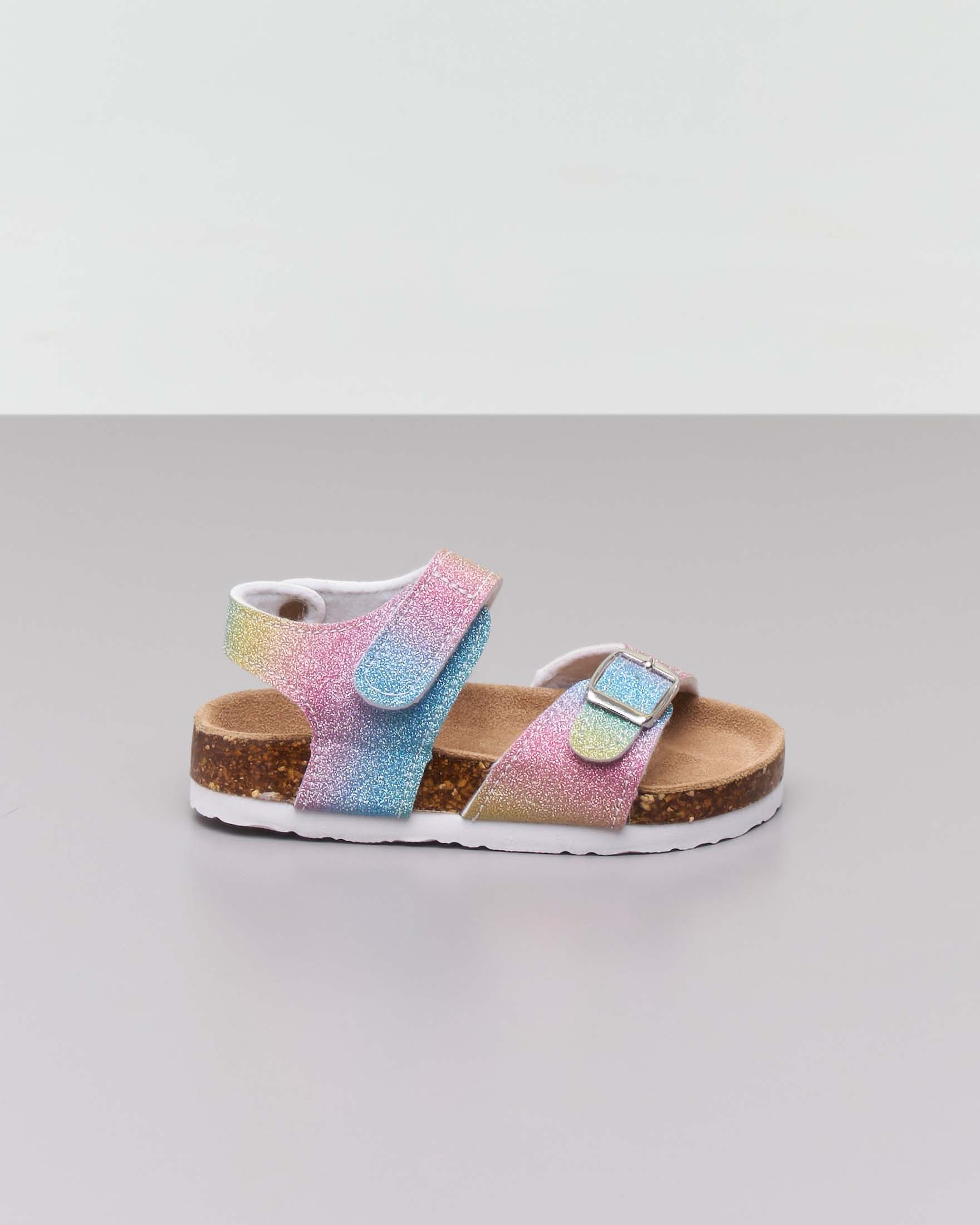 Sandalo multicolor glitterato con fibbia e cinturino a strappo